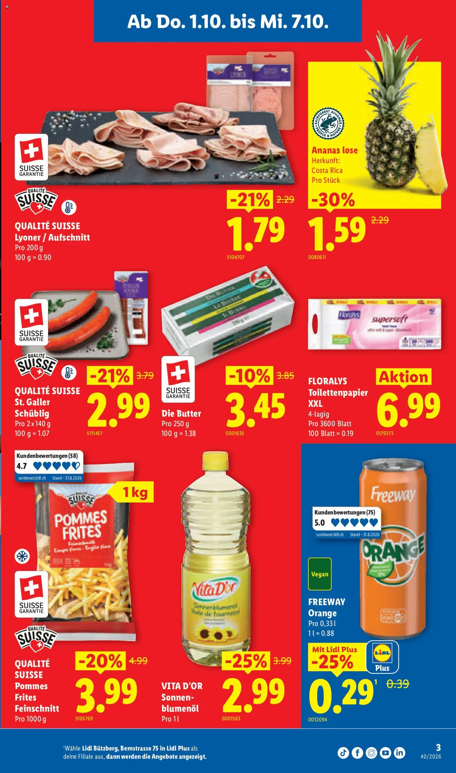 Lidl aktionen Bützberg Neueröffnung – gültig ab 01.10.2026 | Seite: 3 | Produkte: Pommes Frites, Butter, Ananas, Toilettenpapier