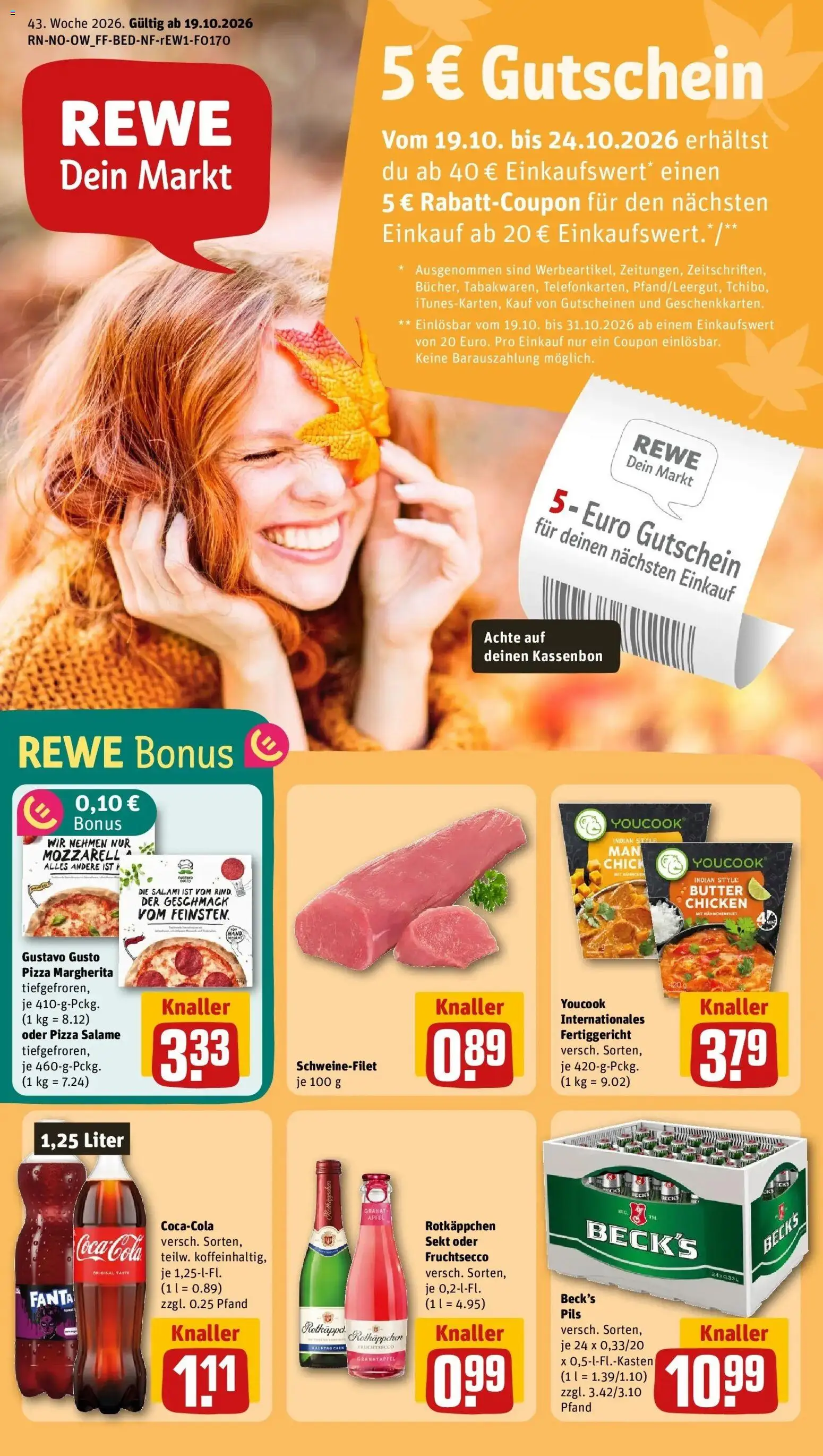 REWE Prospekt ab 19.10.2026 zum Blättern » Angebote | Seite: 1 | Produkte: Youcook, Fruchtsecco, Salami, Pizza