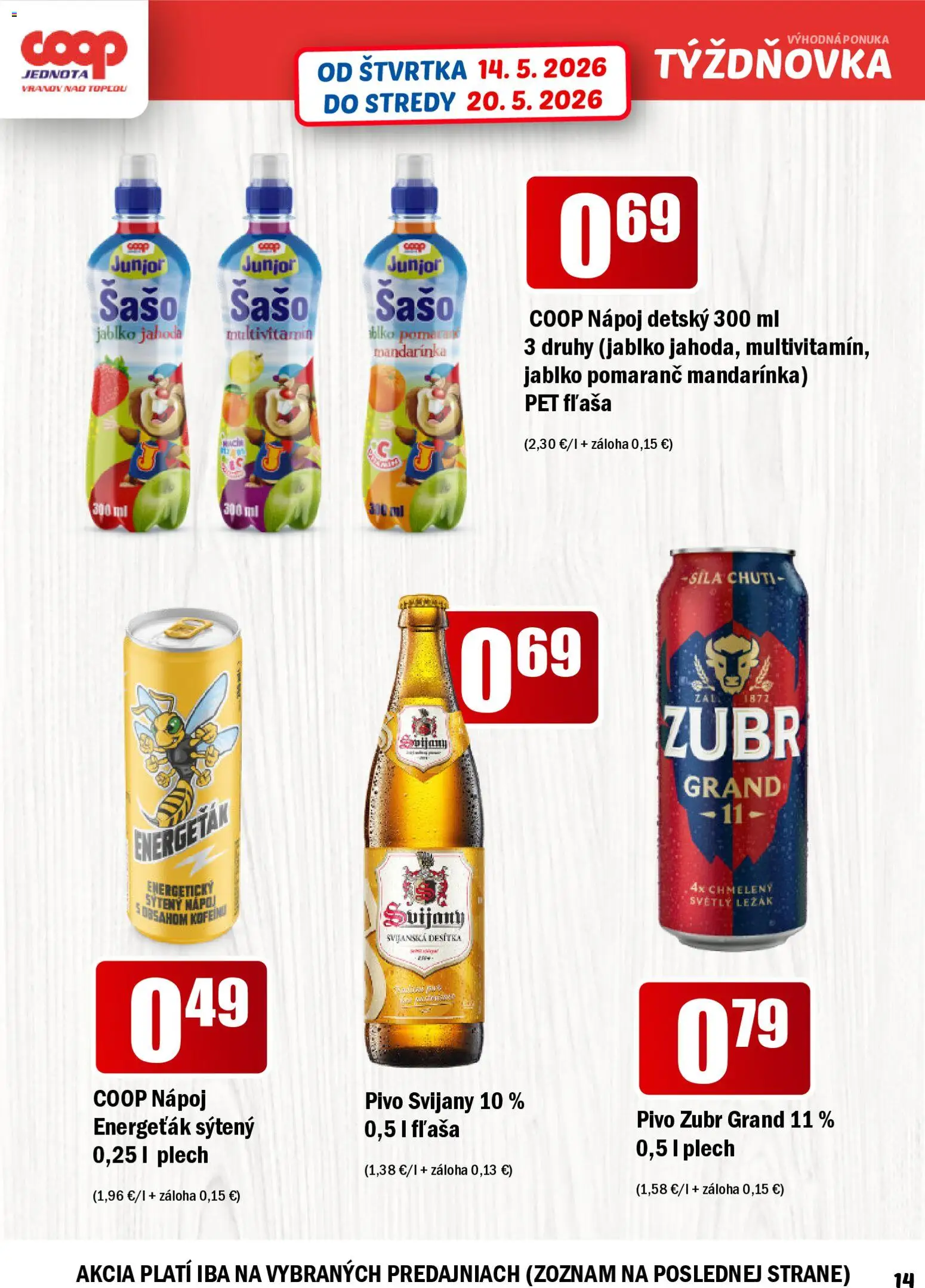 Nové COOP Jednota akcie – leták je platný od 14.05.2026 | Strana: 14 | Produkty: Pivo, Svijany