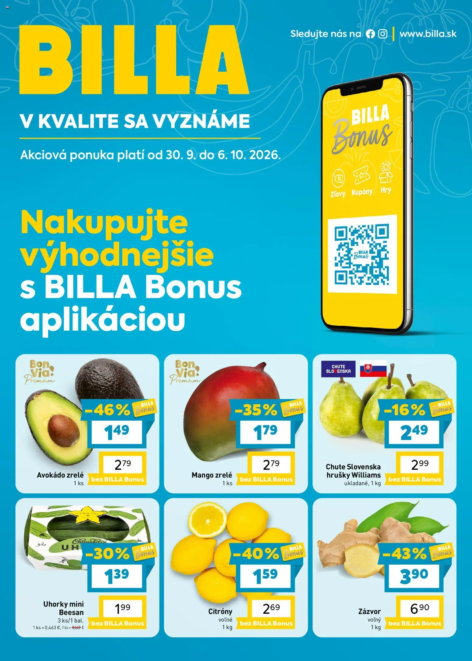 Nové Billa akcie – leták je platný od 30.09.2026 | Strana: 1 | Produkty: Zázvor, Citróny, Avokádo, Hrušky