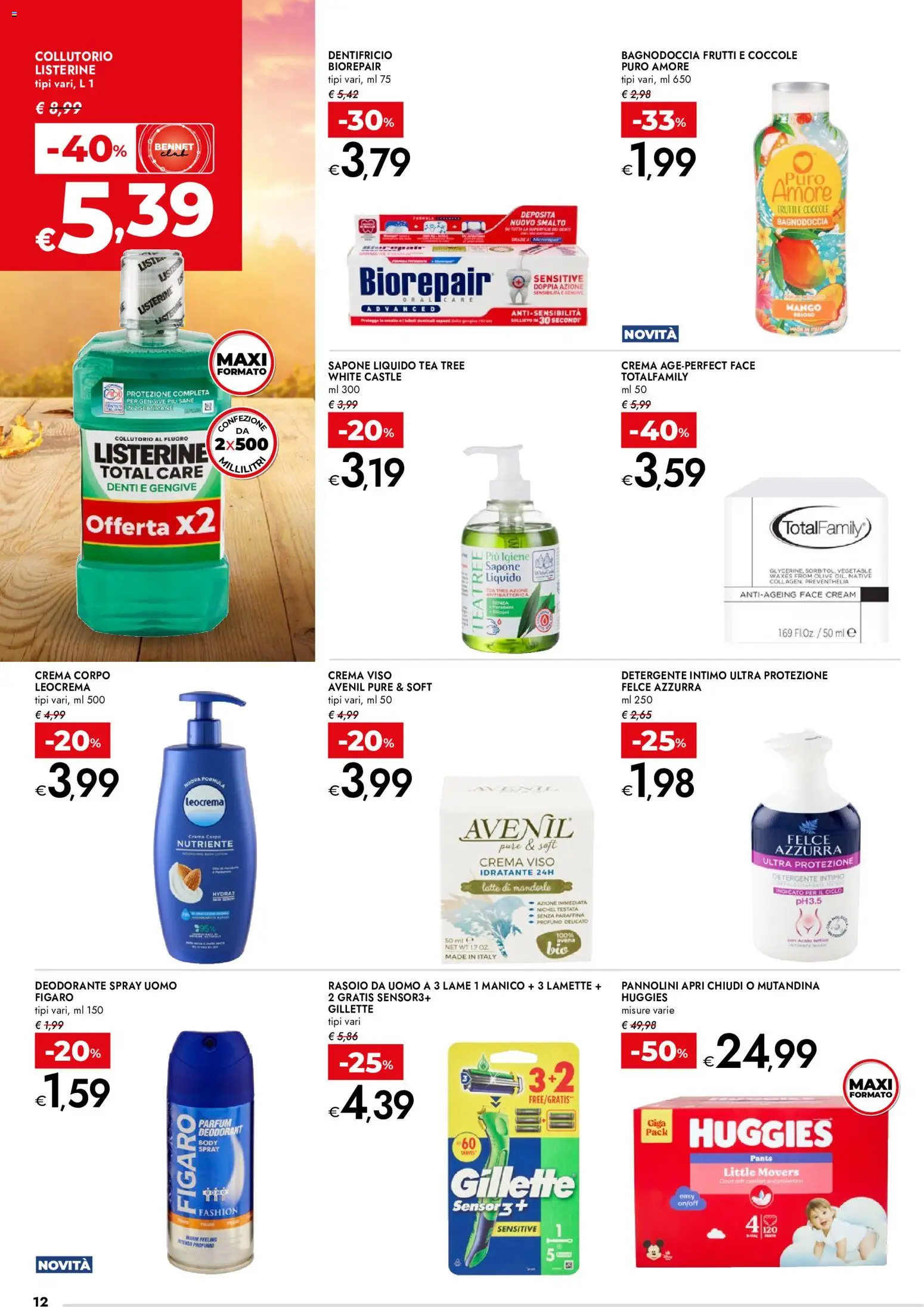 Volantino bennet del 01/10/2026 | Pagina: 12 | Prodotti: Pannolini, Sapone, Collutorio, Intimo