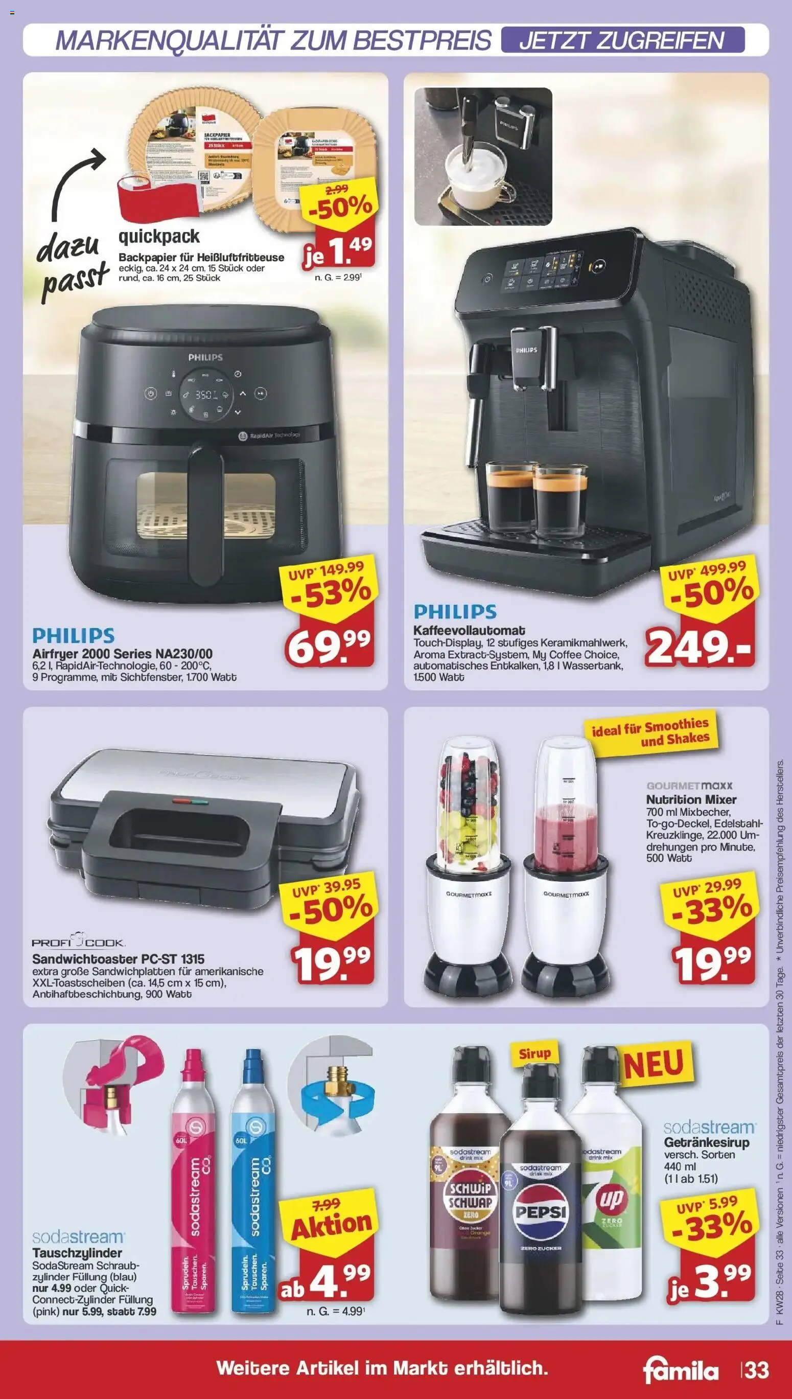 Famila Nordwest Prospekt Lohne – gültig ab 06.07.2026 | Seite: 33 | Produkte: Philips, Mixer, Sirup, Sodastream