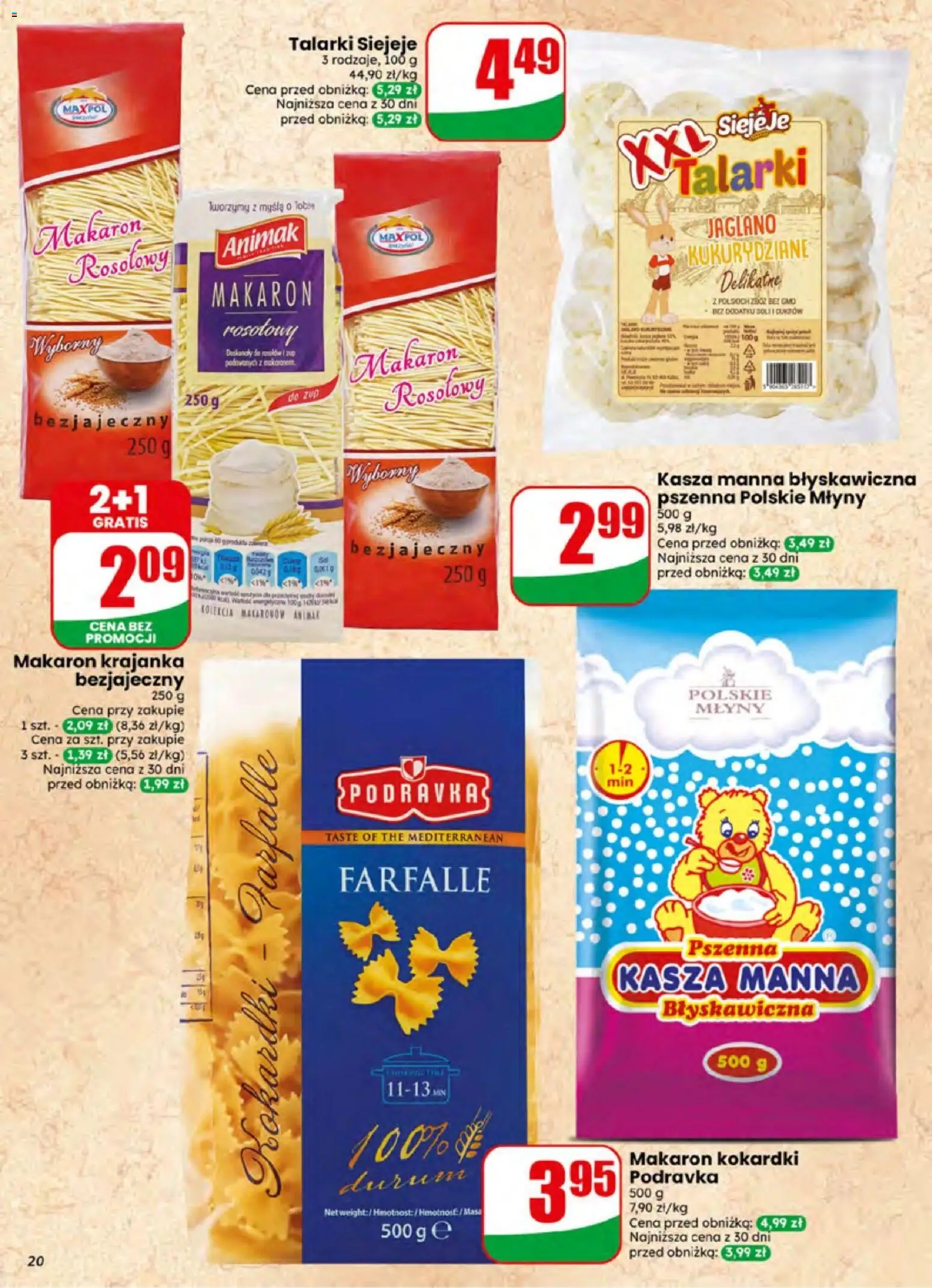 Dino gazetka od 01.07.2026 | Strona: 20 | Produkty: Kasza, Makaron kokardki, Kasza manna, Makaron