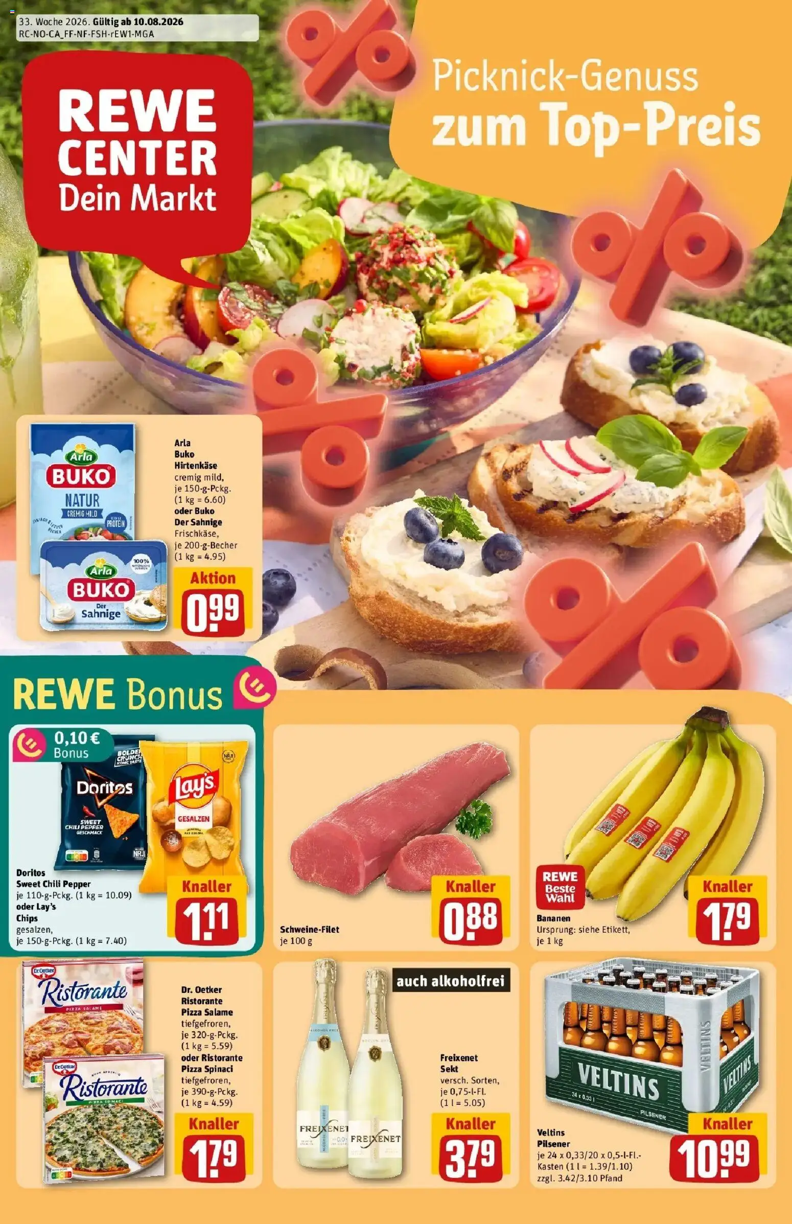 REWE Prospekt ab 10.08.2026 zum Blättern » Angebote | Seite: 1 | Produkte: Ristorante, Schweinefilet, Arla buko, Salami