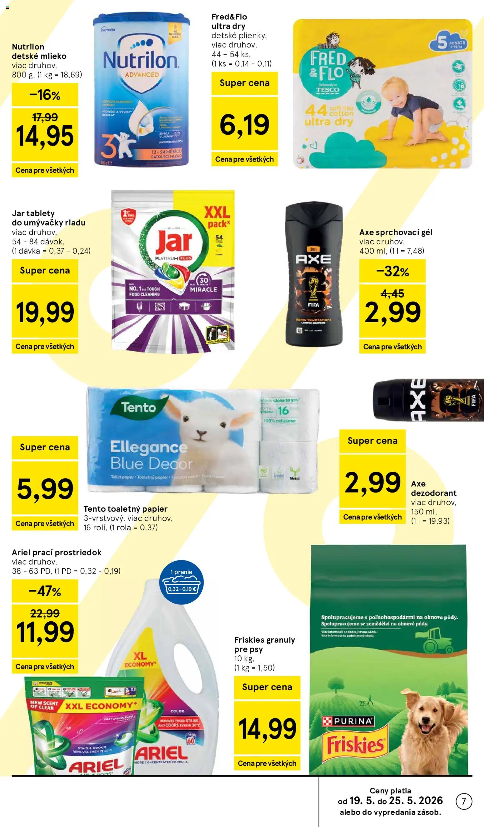 Nové Tesco akcie – leták je platný od 20.05.2026 | Strana: 7 | Produkty: Toaletný papier, Dezodorant, Tablety do umývačky riadu, Ariel