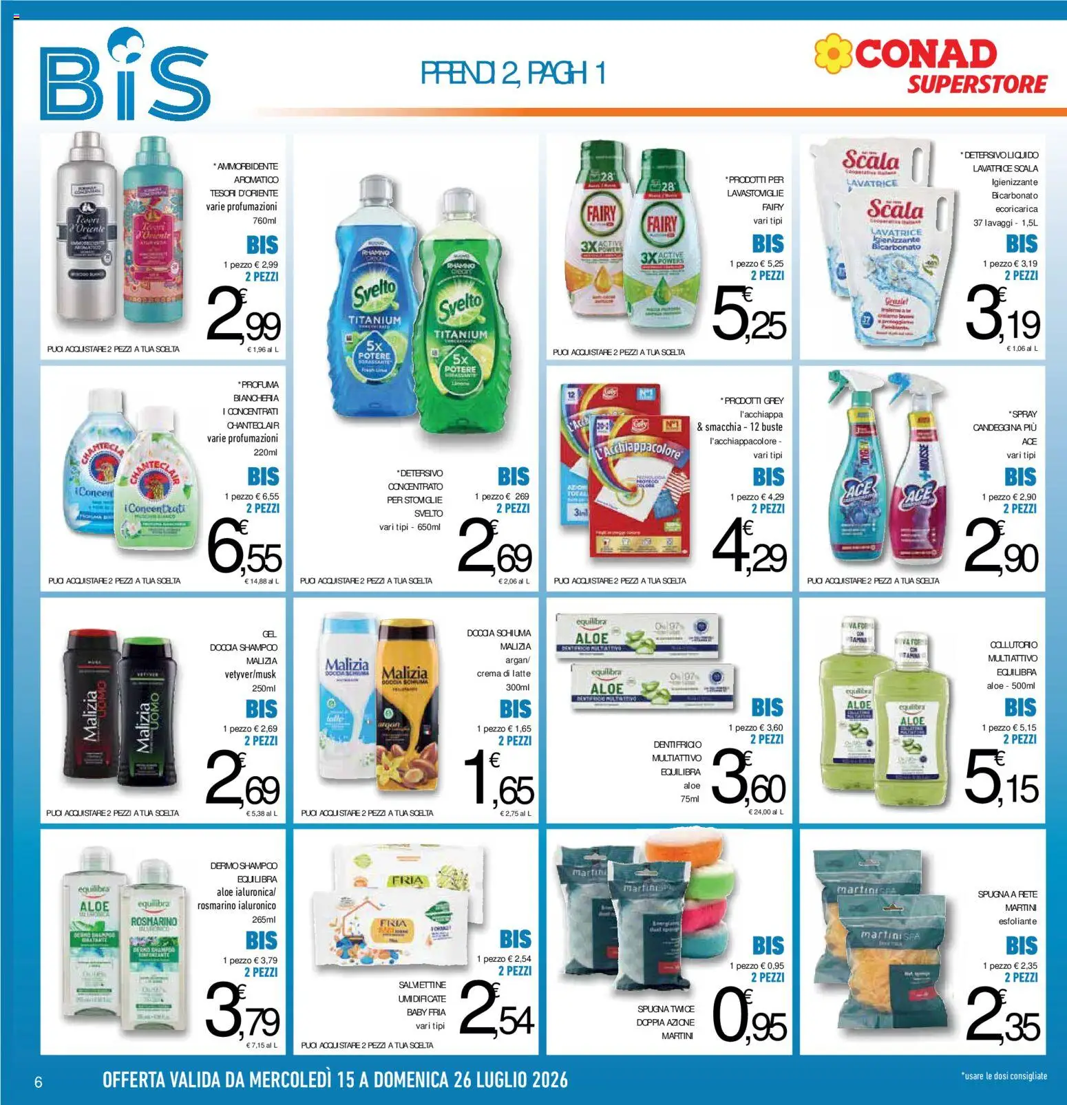 Volantino Conad del 15/07/2026 | Pagina: 6 | Prodotti: Spugna, Bicarbonato, Lavatrice, Doccia