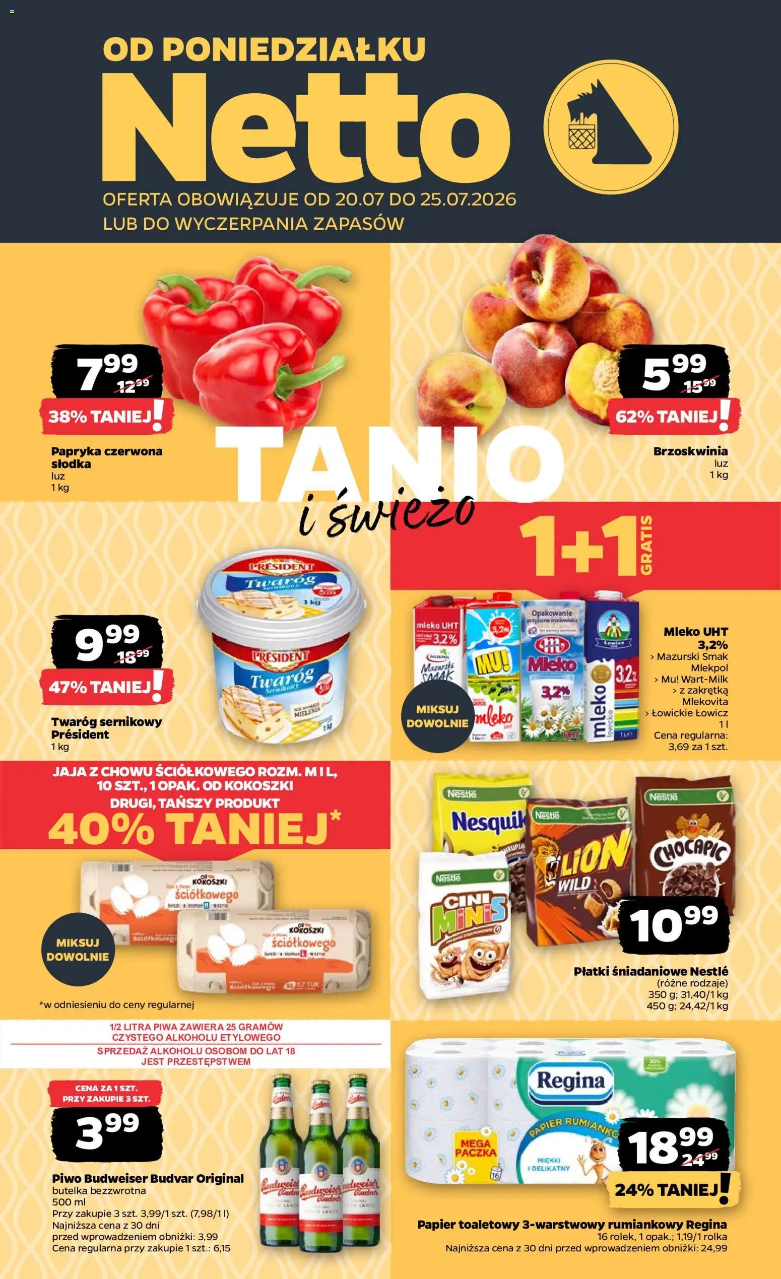 Netto gazetka od poniedziałku od 20.07.2026 | Strona: 1 | Produkty: Brzoskwinia, Papier toaletowy, Płatki śniadaniowe, Papryka
