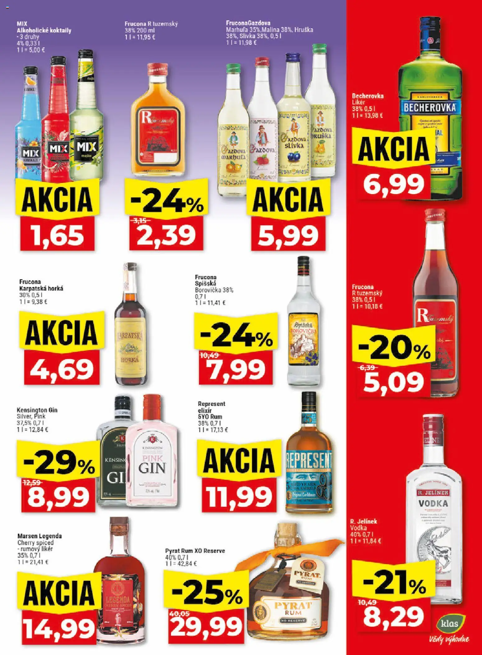 Nové Klas akcie – leták je platný od 08.06.2026 | Strana: 22 | Produkty: Borovička, Gin, Vodka, Rum