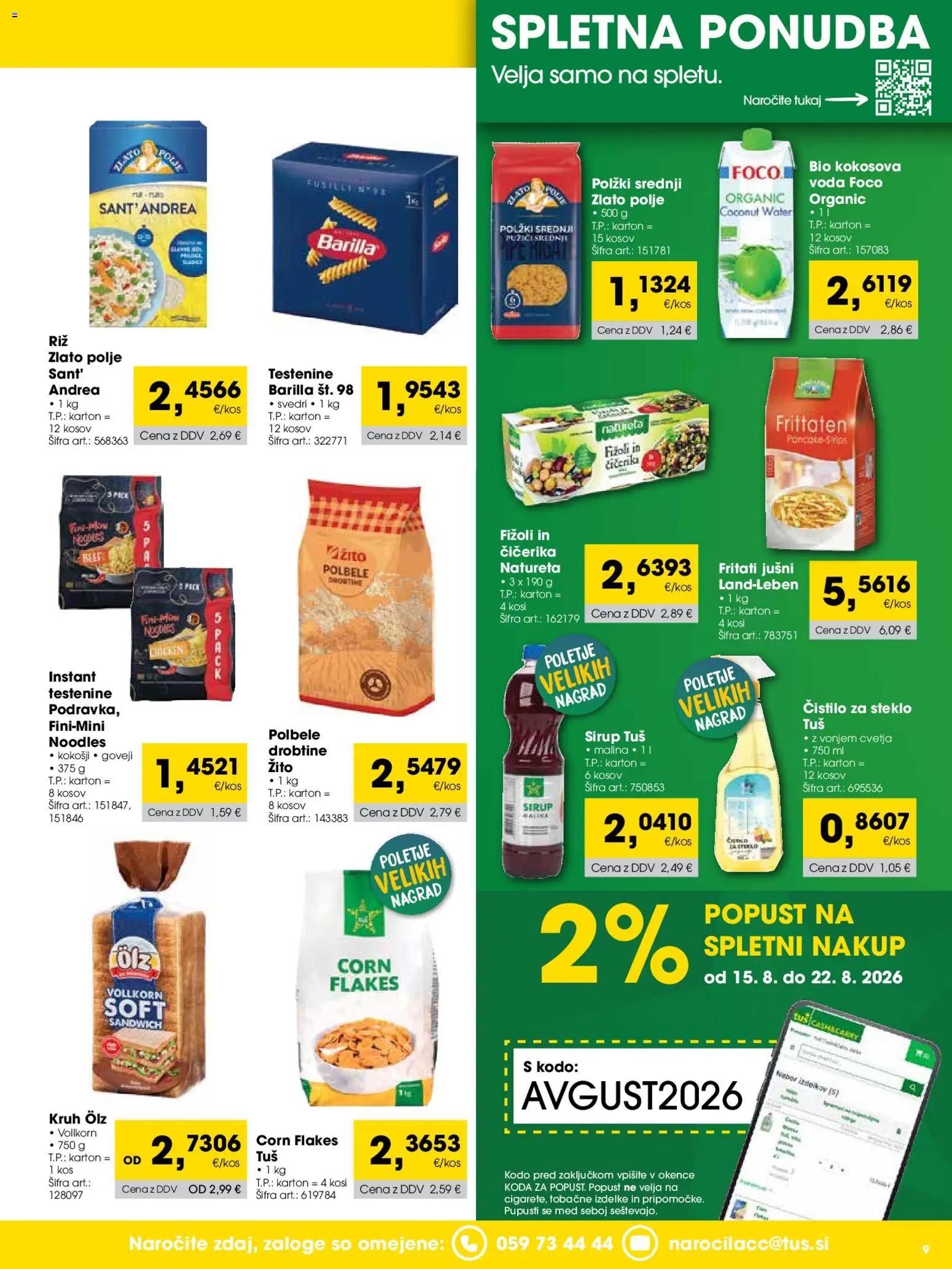 Novi Tuš katalog ponudbe – veljaven od 01.08.2026 | Stran: 9 | Izdelki: Čistilo za steklo, Kos, Testenine, Voda