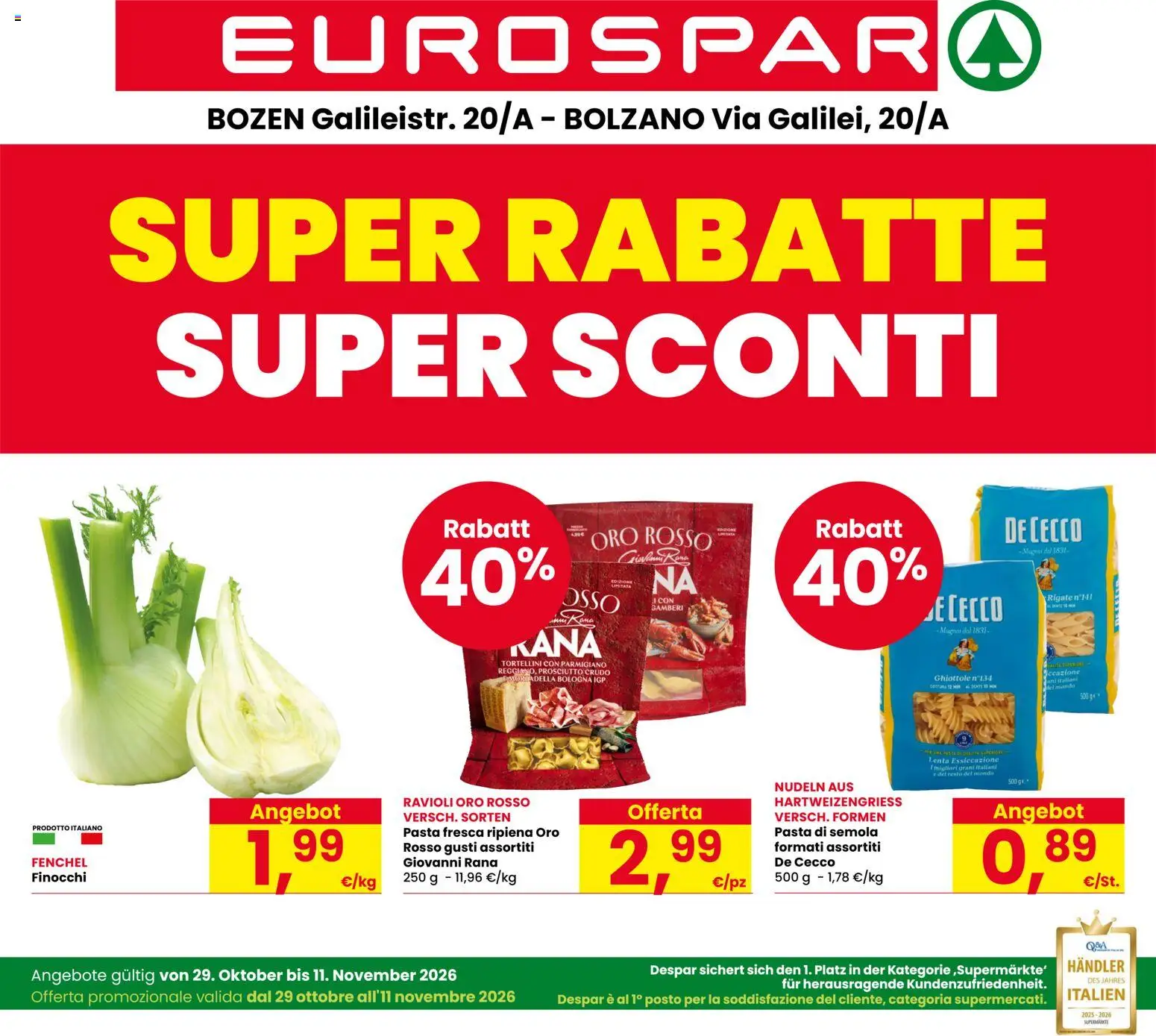 Volantino Eurospar del 29/10/2026 | Pagina: 1 | Prodotti: Prosciutto Crudo, De Cecco, Pasta di semola, Parmigiano