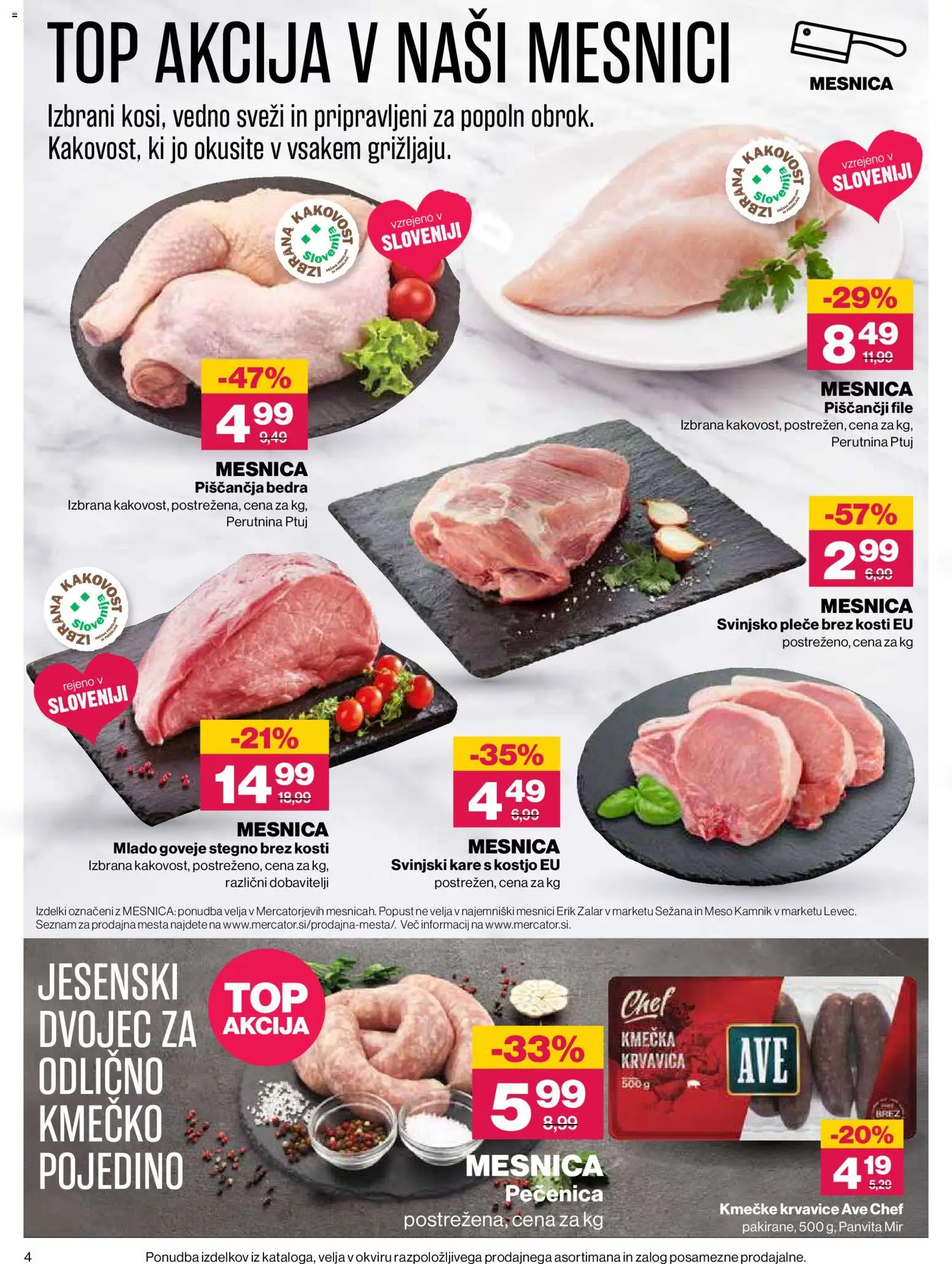 Novi Mercator katalog ponudbe – veljaven od 22.10.2026 | Stran: 4 | Izdelki: Piščančja bedra, Svinjski kare, Krvavica