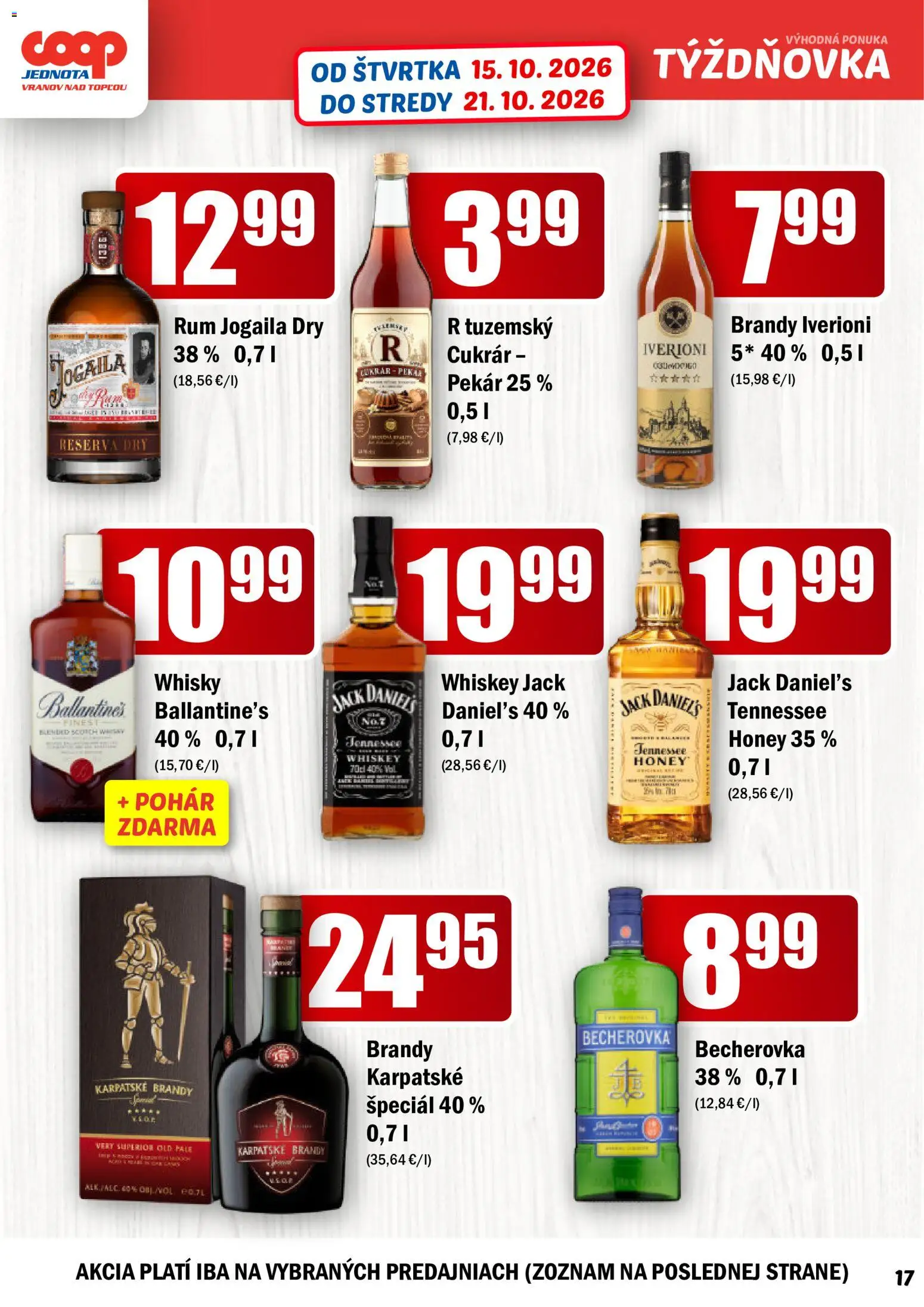 Nové COOP Jednota akcie – leták je platný od 15.10.2026 | Strana: 17 | Produkty: Becherovka, Karpatské brandy, Brandy, Jack Daniel's