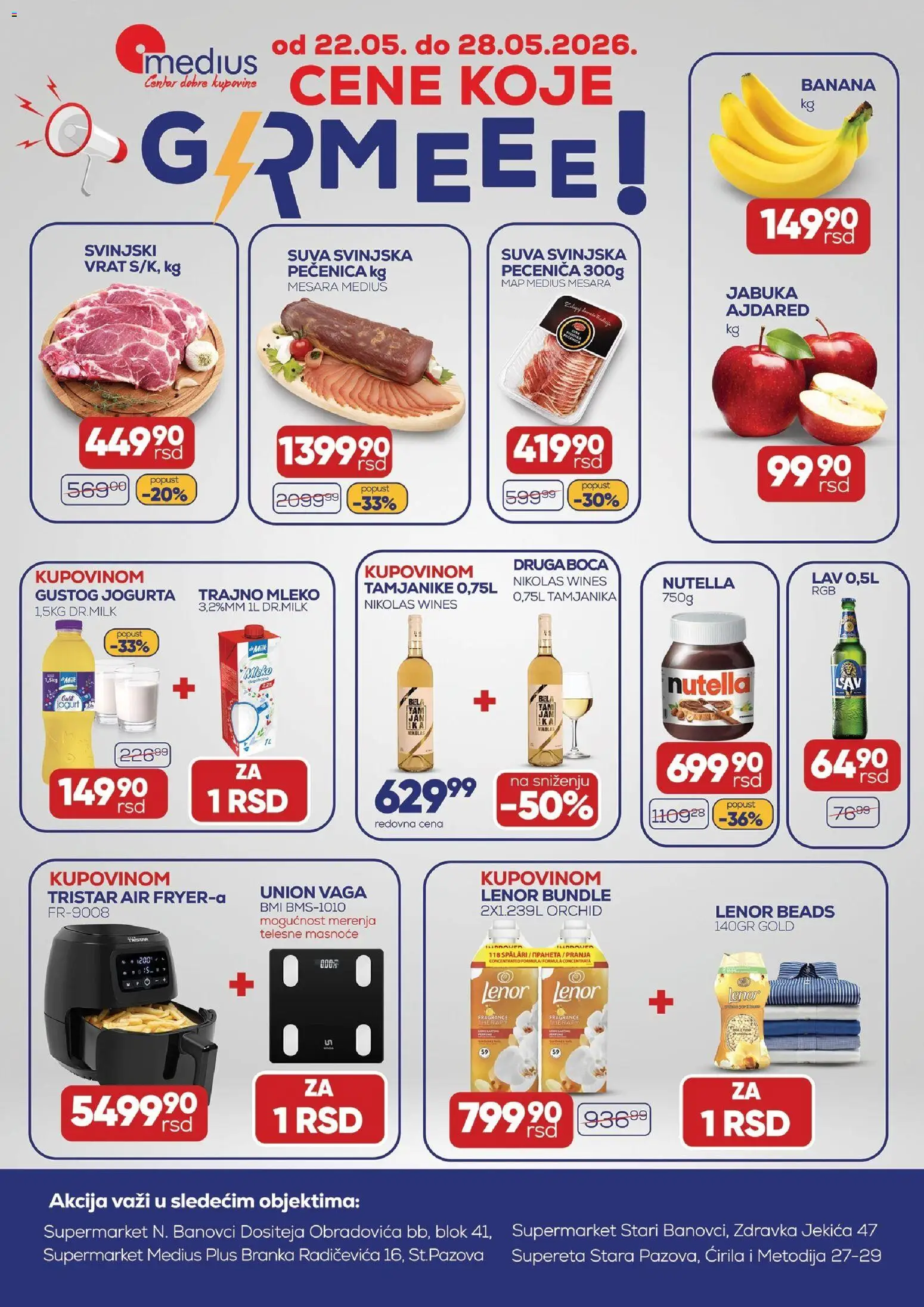 Medius katalog - važi od 22.05.2026 | Strana: 1 | Proizvode: Banana, Svinjski vrat, Mleko, Nutella