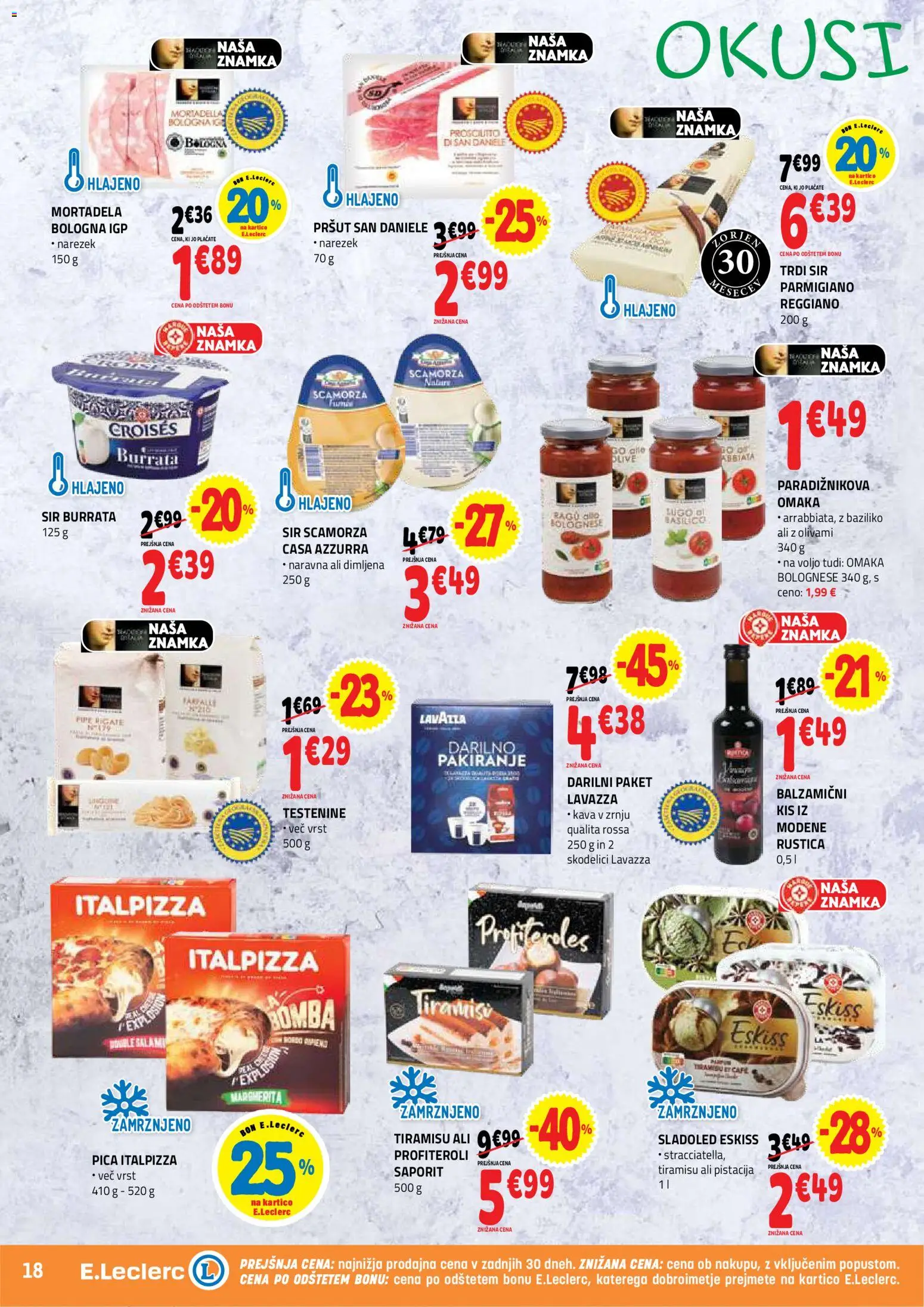 Novi E.leclerc katalog ponudbe – veljaven od 29.04.2026 | Stran: 18 | Izdelki: Narezek, Kis, Testenine, Sladoled