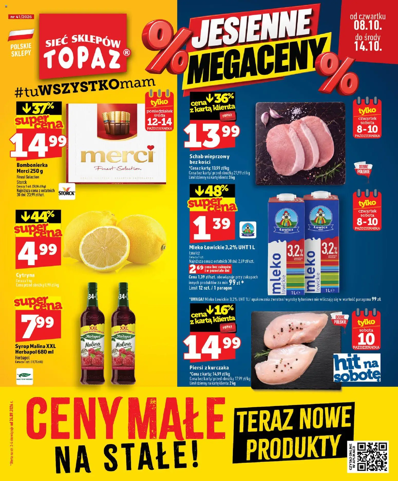 Topaz gazetka - Ceny małe na stałe od 08.10.2026 | Strona: 1 | Produkty: Piersi, Piersi z kurczaka, Merci, Mleko łowickie