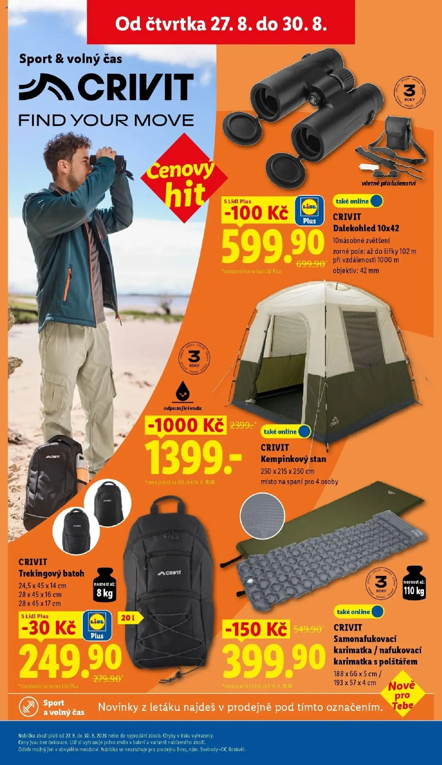 Lidl leták od 24.08.2026 - Nový akční leták | Strana: 17 | Produkty: Dalekohled, Batoh, Nafukovací karimatka, Stan