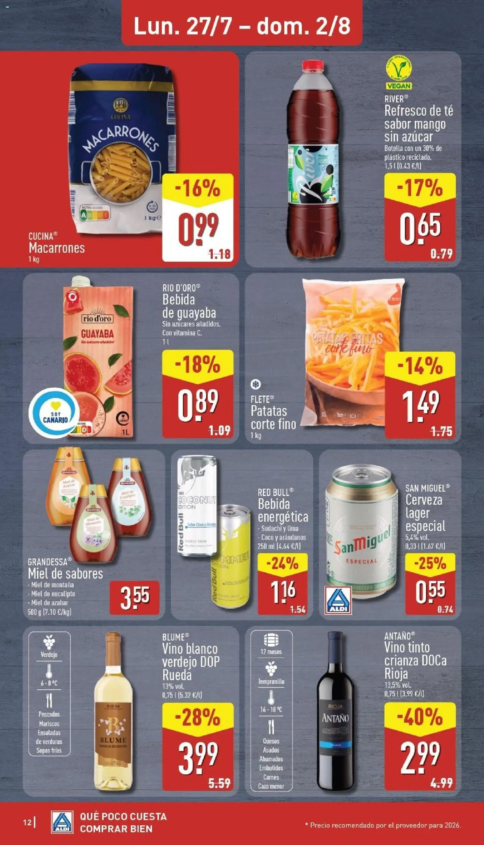 Aldi folleto Canarias │ válido desde el 27/07/2026 | Página: 12 | Productos: Vino, Pasta, Té, Κλειδαριά της πόρτας