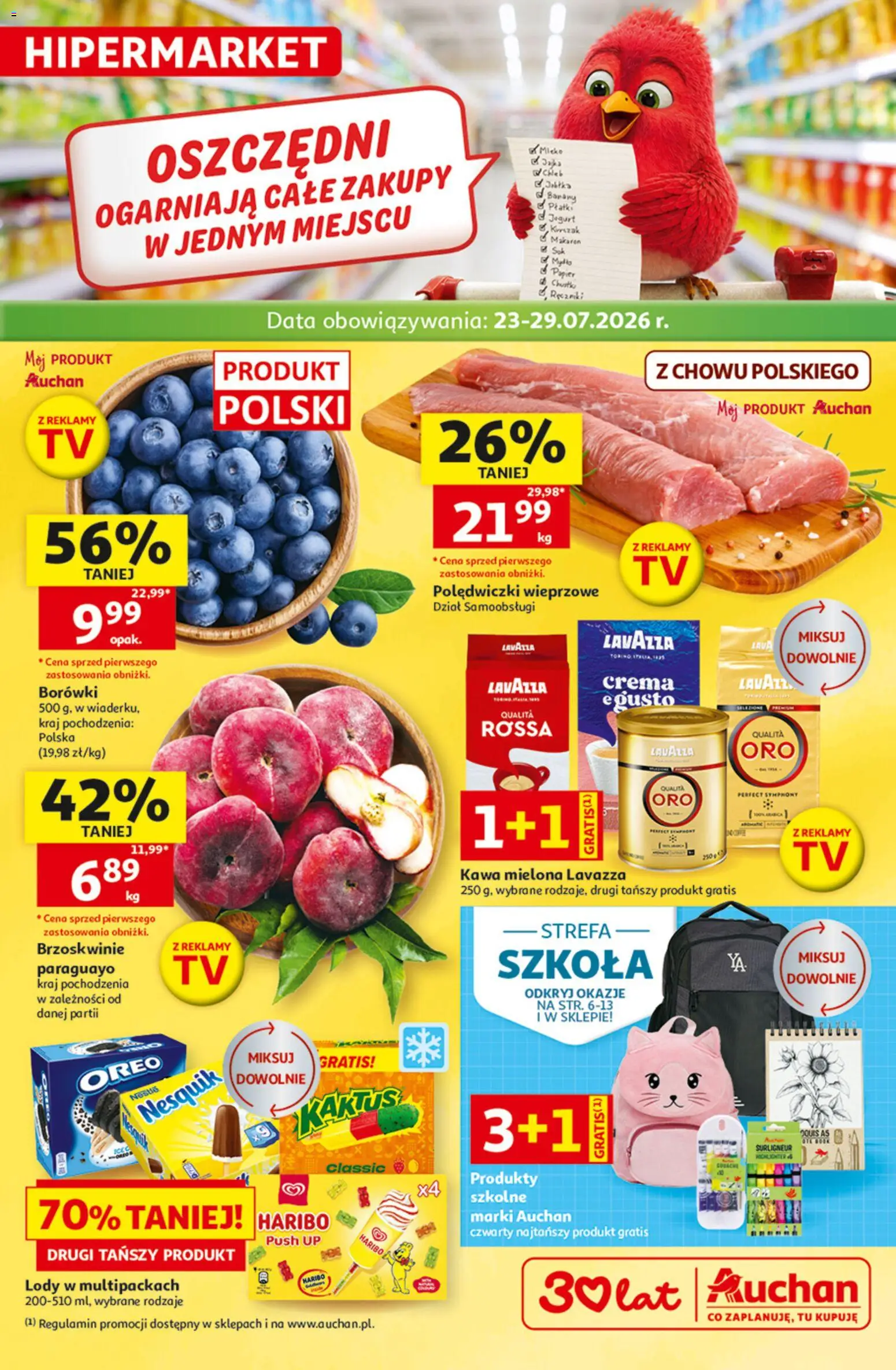 Auchan gazetka - 30 Lat Hipermarket od 23.07.2026 | Strona: 1 | Produkty: Lavazza crema, Lavazza, Sok, Lody