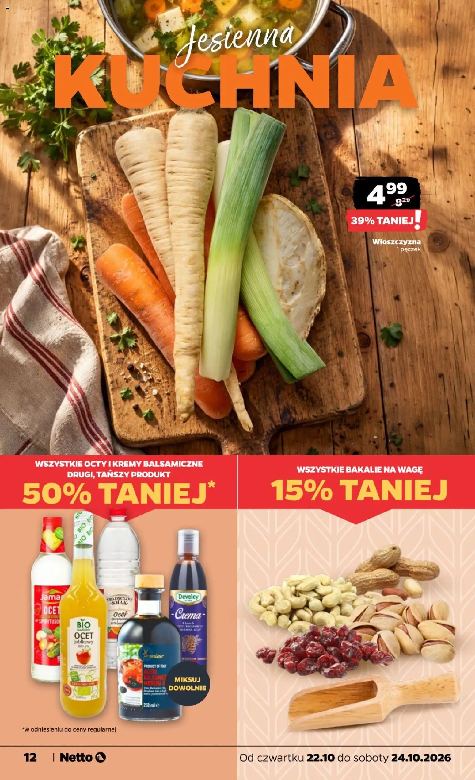 Netto gazetka od czwartku od 22.10.2026 | Strona: 12 | Produkty: Włoszczyzna, Ocet jabłkowy, Bakalie, Spirytus