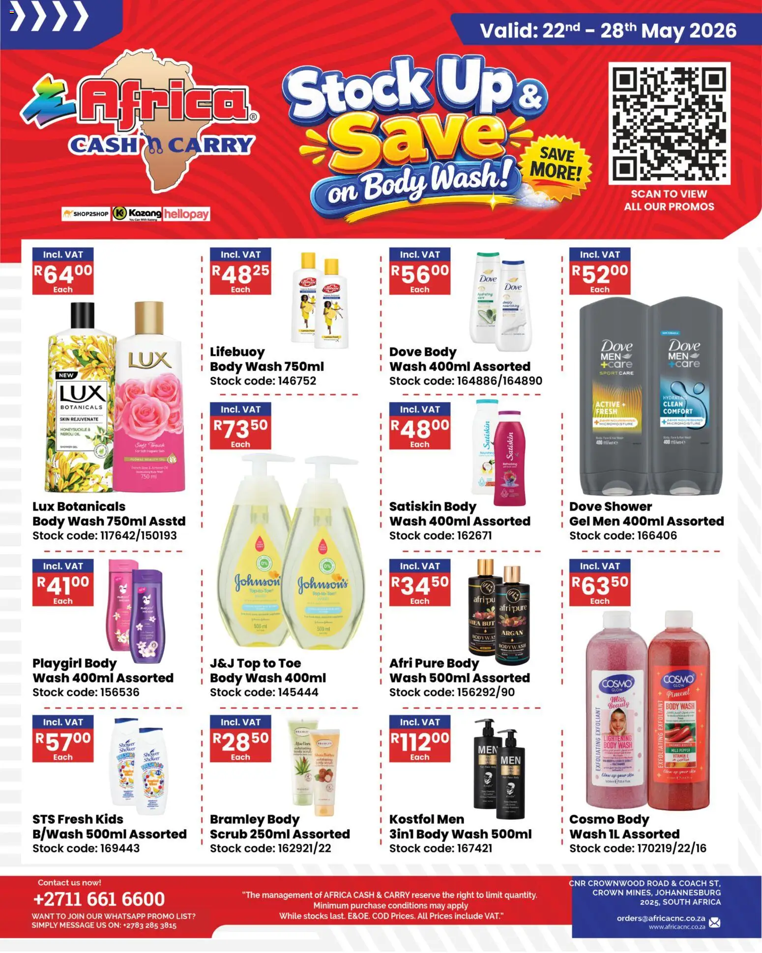 New Africa Cash & Carry catalogue – valid from 22.05.2026 | Page: 1 | Products: Shower, Oil, Body wash, Scrub