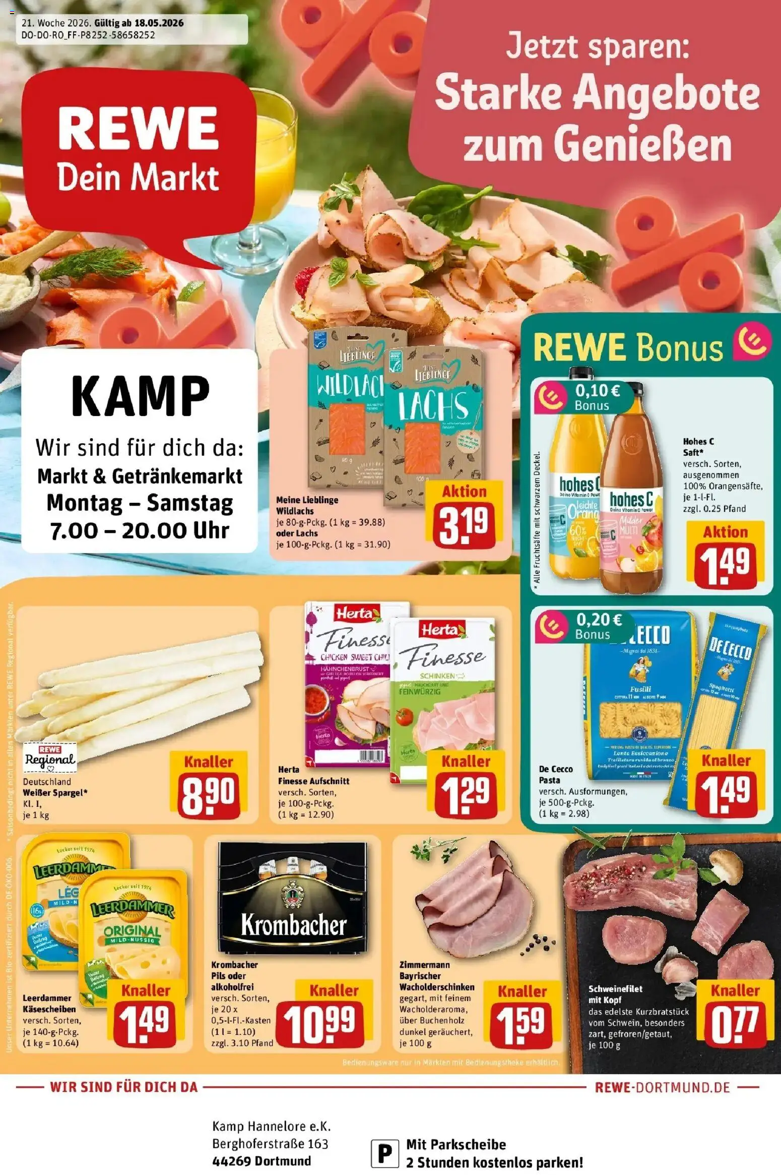 Rewe Prospekt Dortmund – gültig ab 17.05.2026 | Seite: 1 | Produkte: Leerdammer, Krombacher, Pasta, Saft