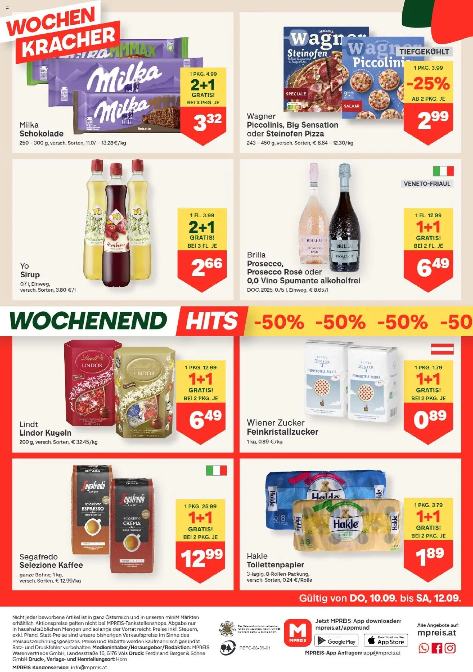 MPREIS Hohenems gültig ab 10.09.2026 | Seite: 12 | Produkte: Prosecco, Kaffee, Salami, Pizza