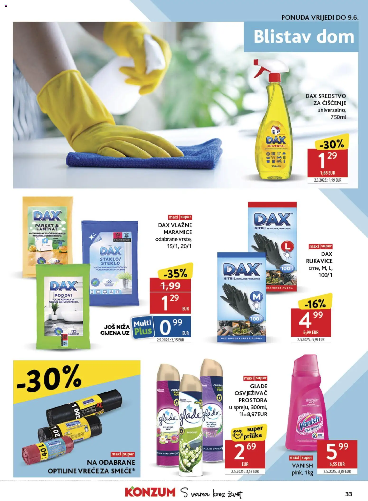 Konzum katalog | vrijedi od 27.05.2026 | Stranica: 33 | Proizvodi: Vlažne maramice, Laminat, Osvježivač prostora, Rukavice