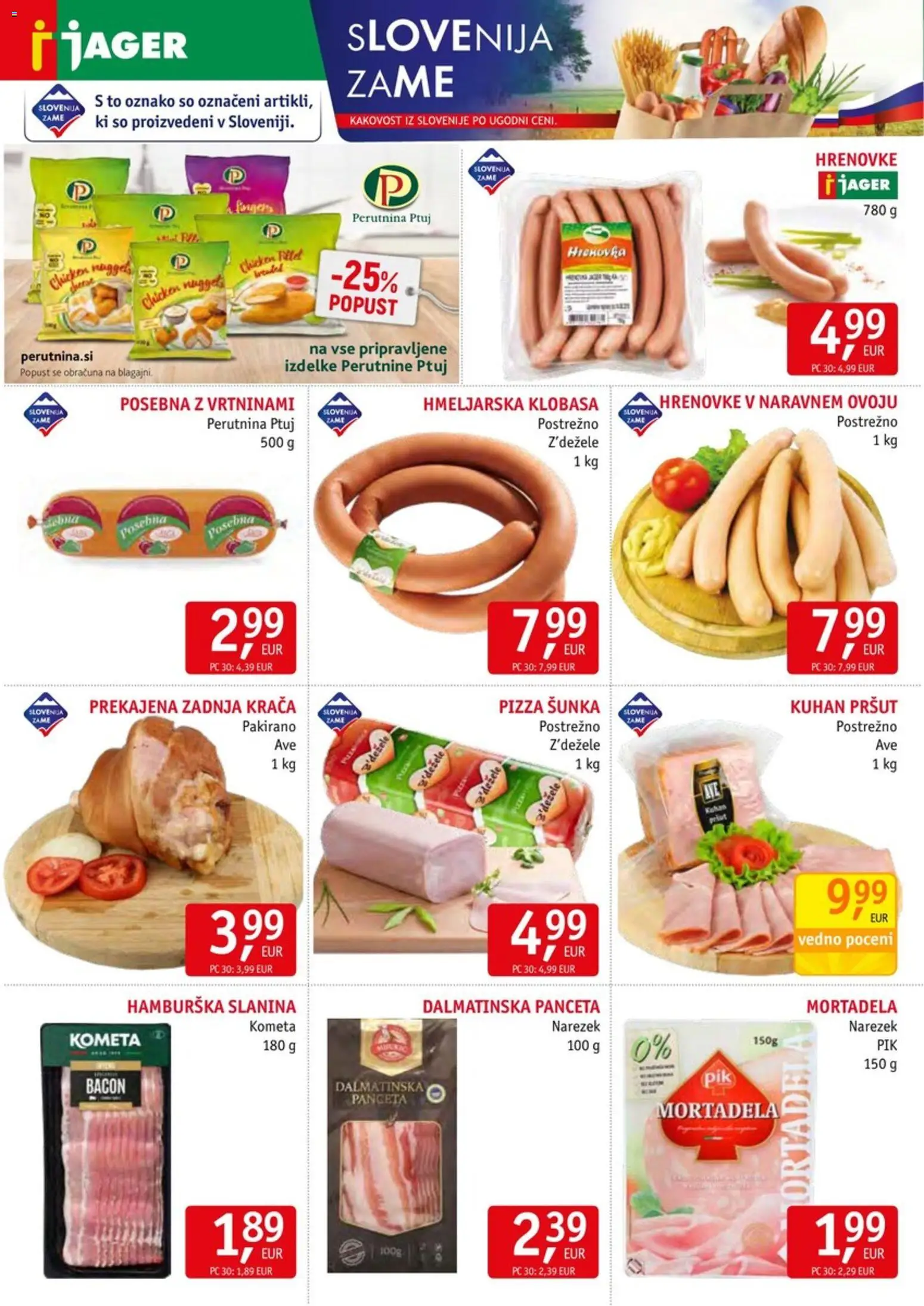 Novi Jager katalog ponudbe – veljaven od 08.07.2026 | Stran: 2 | Izdelki: Hrenovke, Mortadela, Narezek, Slanina