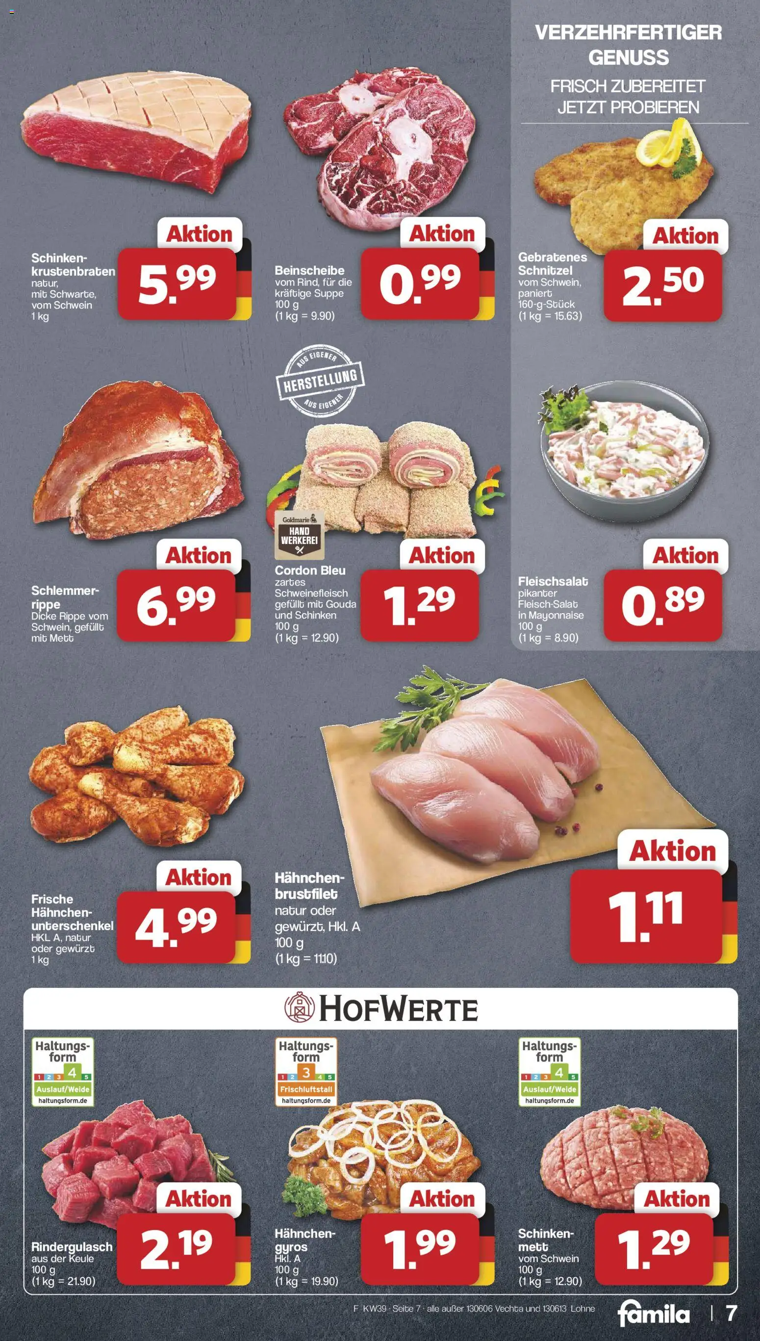 Famila Nordwest Prospekt – gültig ab 21.09.2026 | Seite: 7 | Produkte: Rindergulasch, Hahnchen, Schnitzel, Schinken
