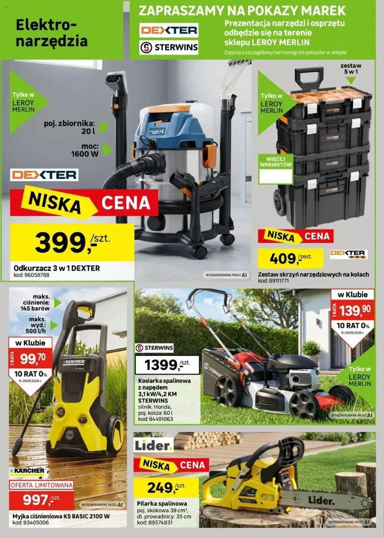 Leroy Merlin gazetka od (09.09.2026 - 29.09.2026) | Strona: 36 | Produkty: Narzędzia, Myjka ciśnieniowa, Odkurzacz, Kosiarka