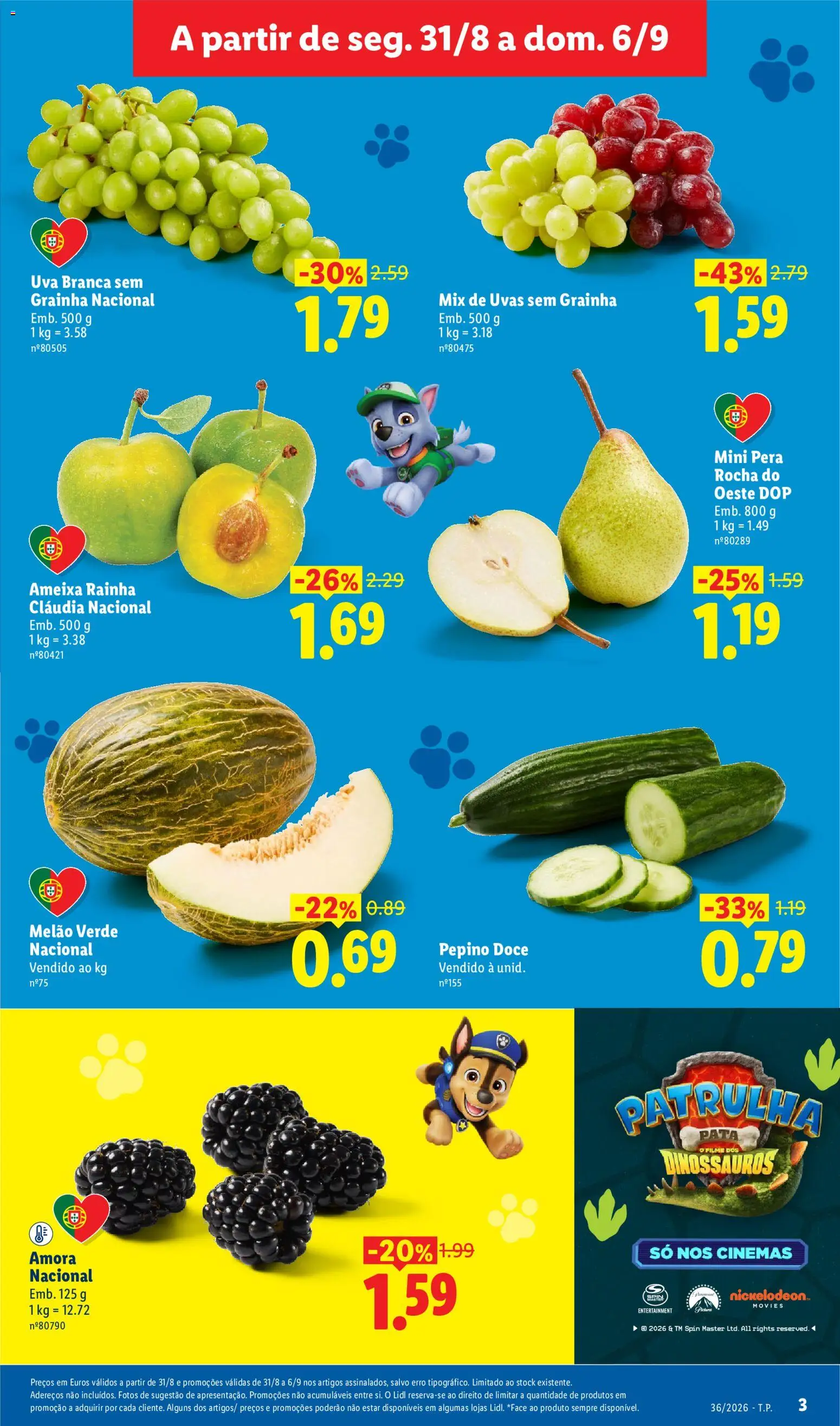 Lidl folheto │ válido de 31/08/2026 | Página: 3 | Produtos: Pepino, Melão, Uvas sem grainha, Uvas