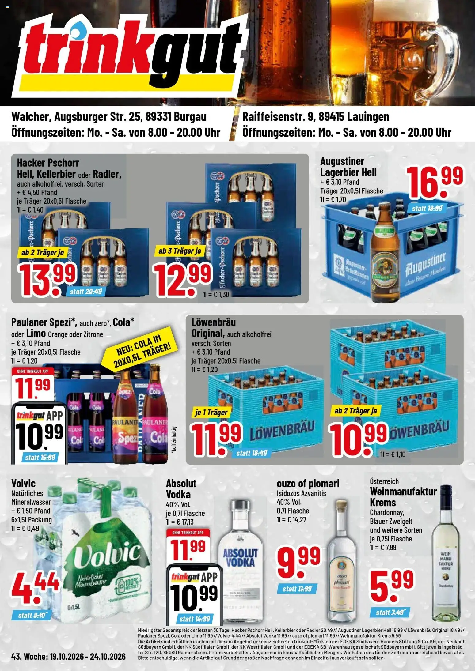 Trinkgut Prospekt Lauingen (ab 19.10.2026) » Angebote online | Seite: 1 | Produkte: Paulaner spezi, Radler, Wein, Paulaner