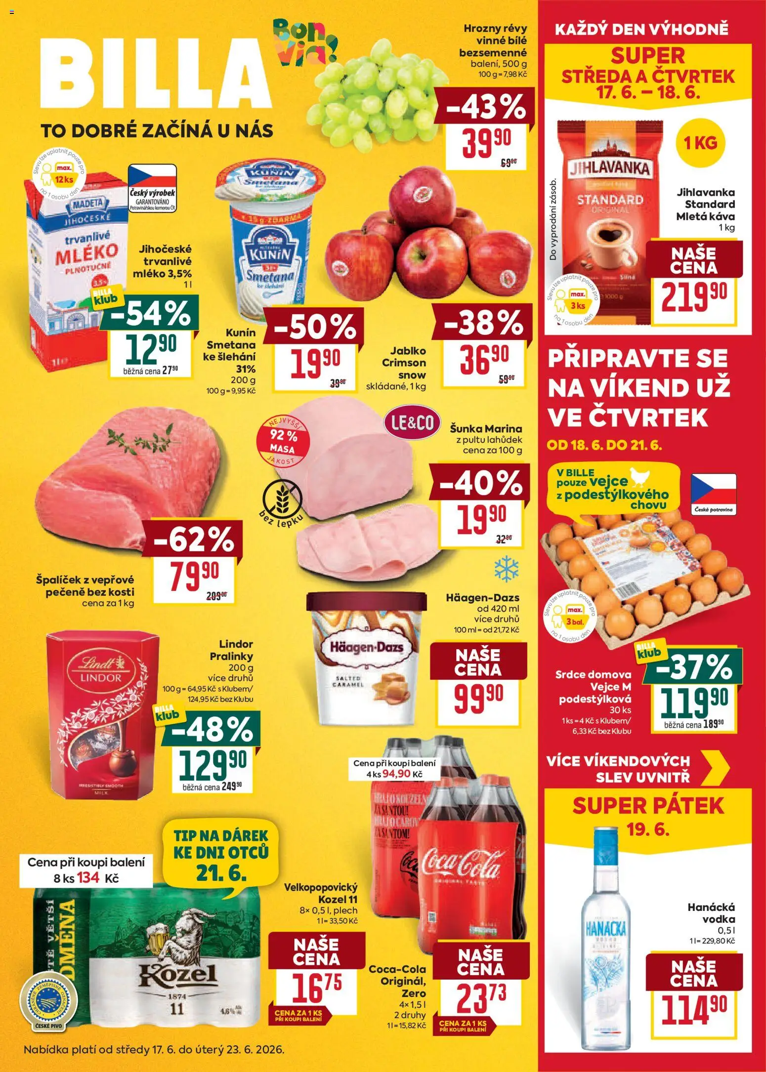 Billa Velký leták od 17.06.2026 | Strana: 1 | Produkty: Vejce, Plech, Velkopopovický Kozel 11, Cola