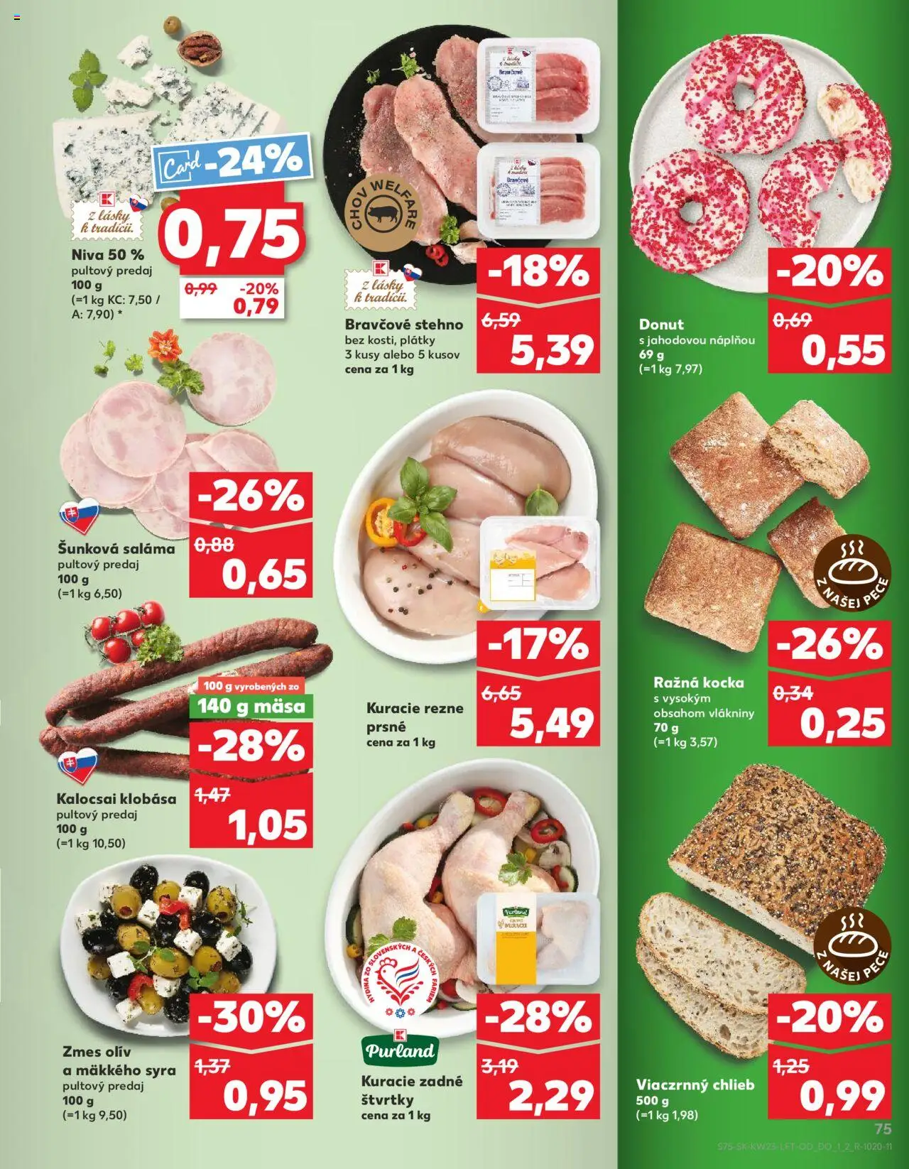 Nové Kaufland akcie – leták je platný od 05.06.2025 | Strana: 75 | Produkty: Chlieb, Saláma, Donut, Kuracie rezne