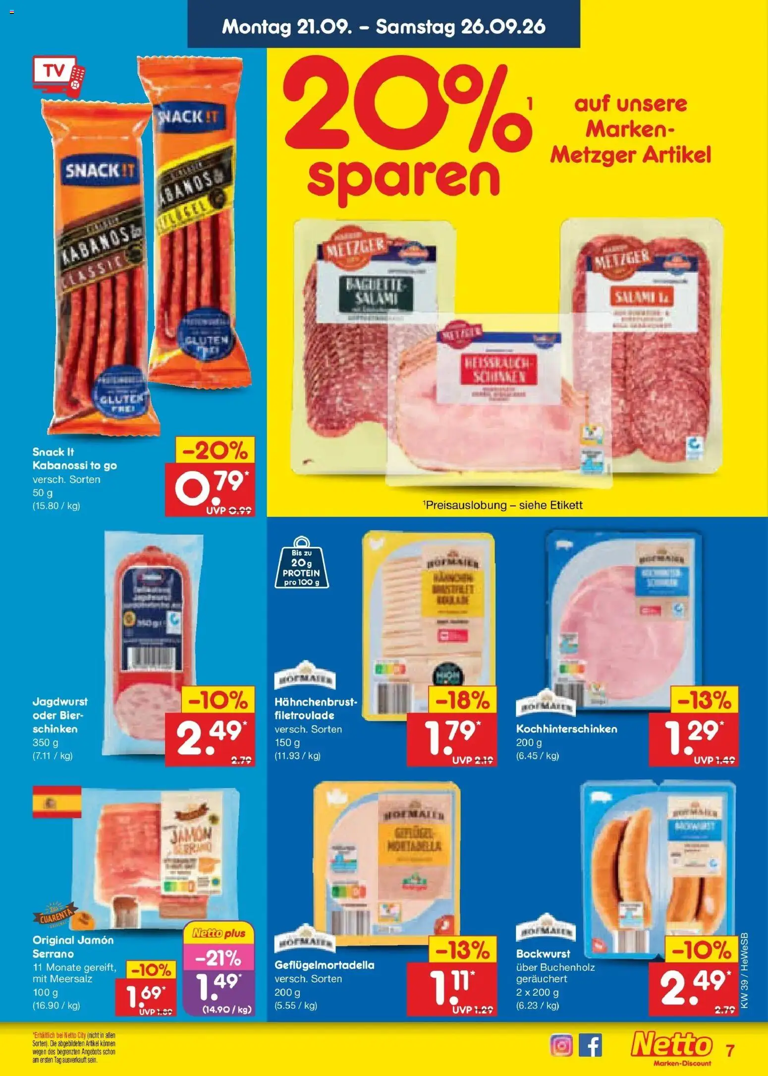 Netto Marken-Discount Prospekt Hamburg – gültig ab 21.09.2026 | Seite: 11 | Produkte: Salami, Schinken, TV, Hahnchenbrust