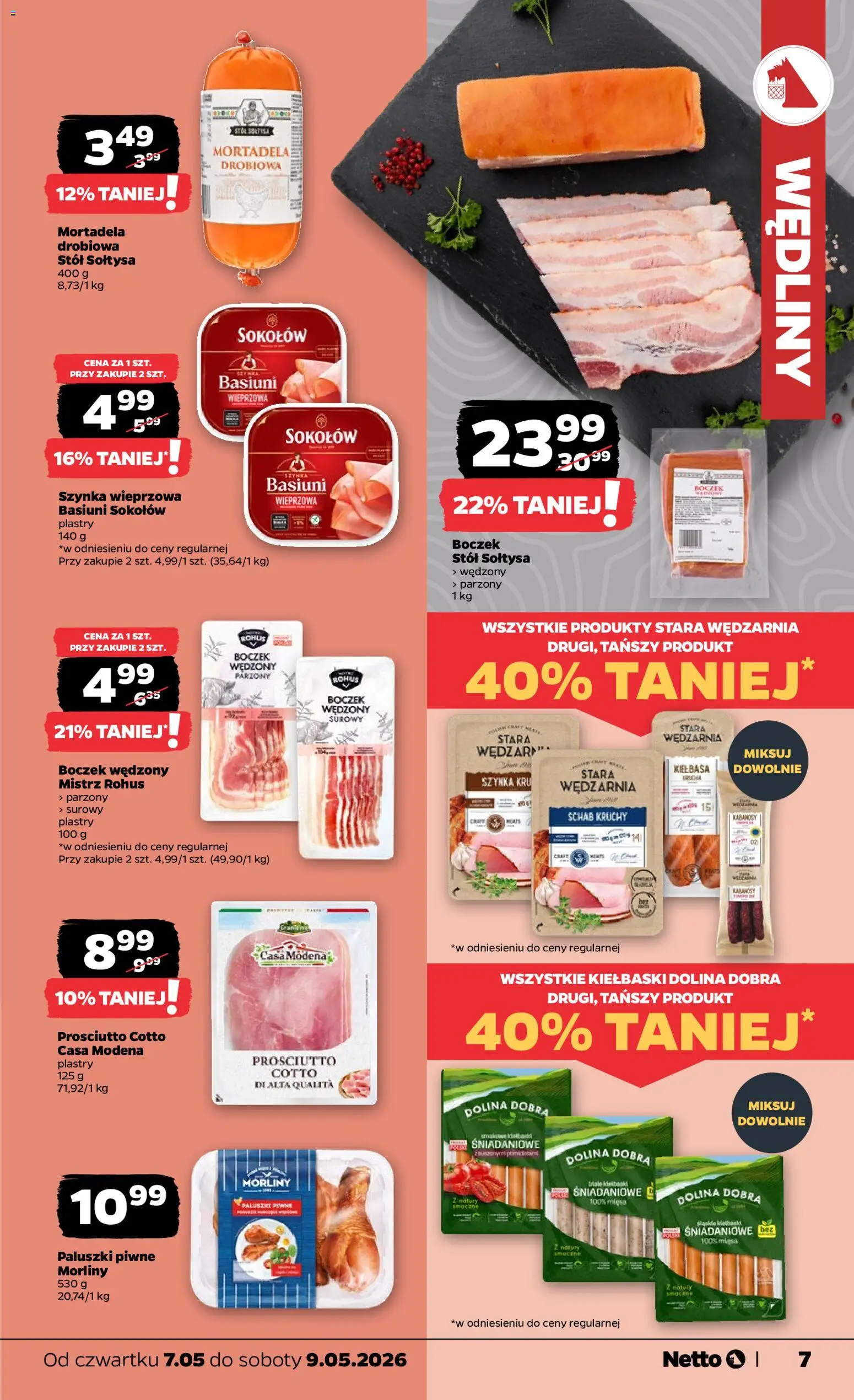 Netto gazetka od czwartku spożywcza od 07.05.2026 | Strona: 7 | Produkty: Mortadela, Schab, Kiełbaski, Boczek wędzony