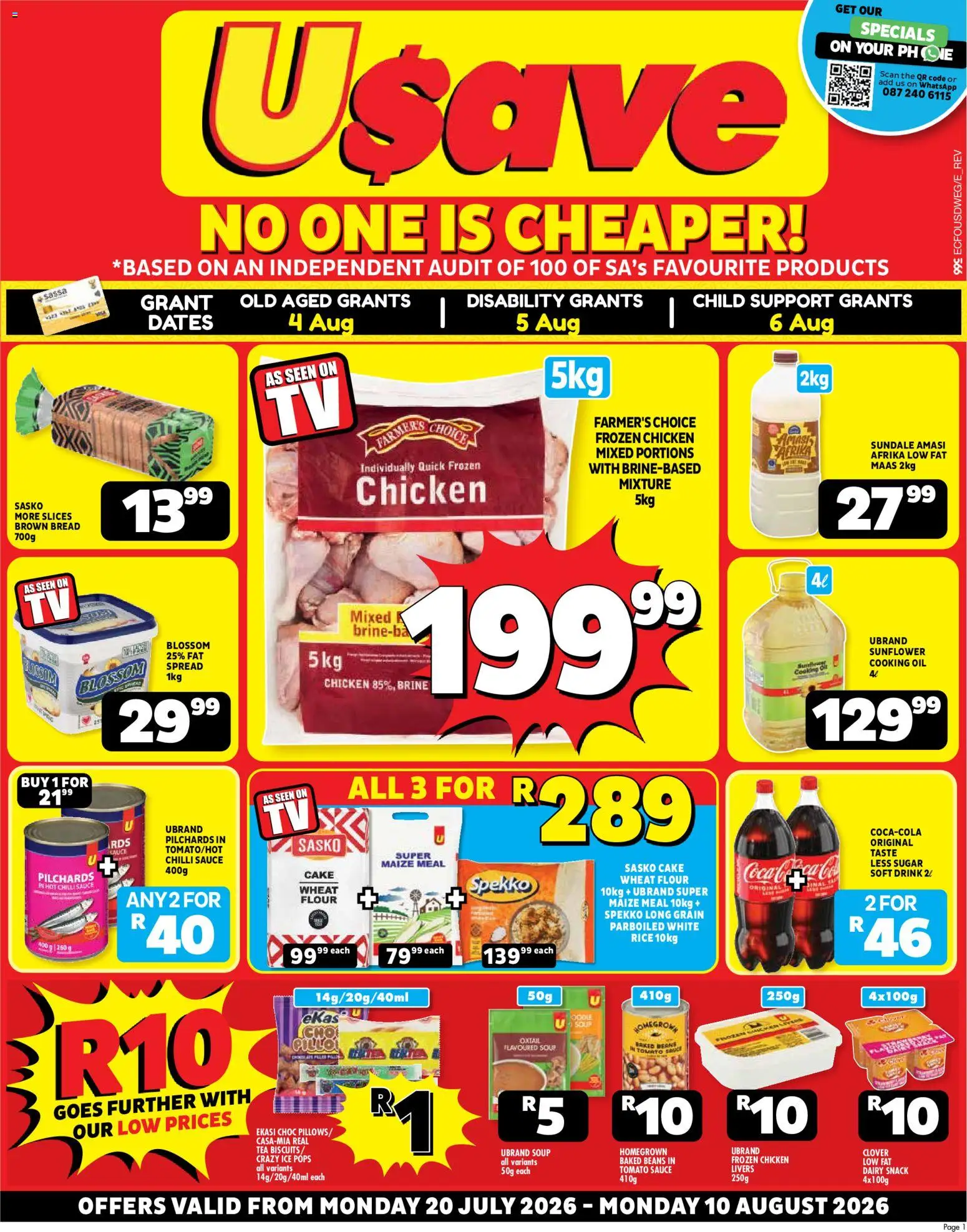 New Usave catalogue – valid from 20/07/2026 | Page: 1 | Products: Flour, Baked beans, Maize meal, Tomato sauce