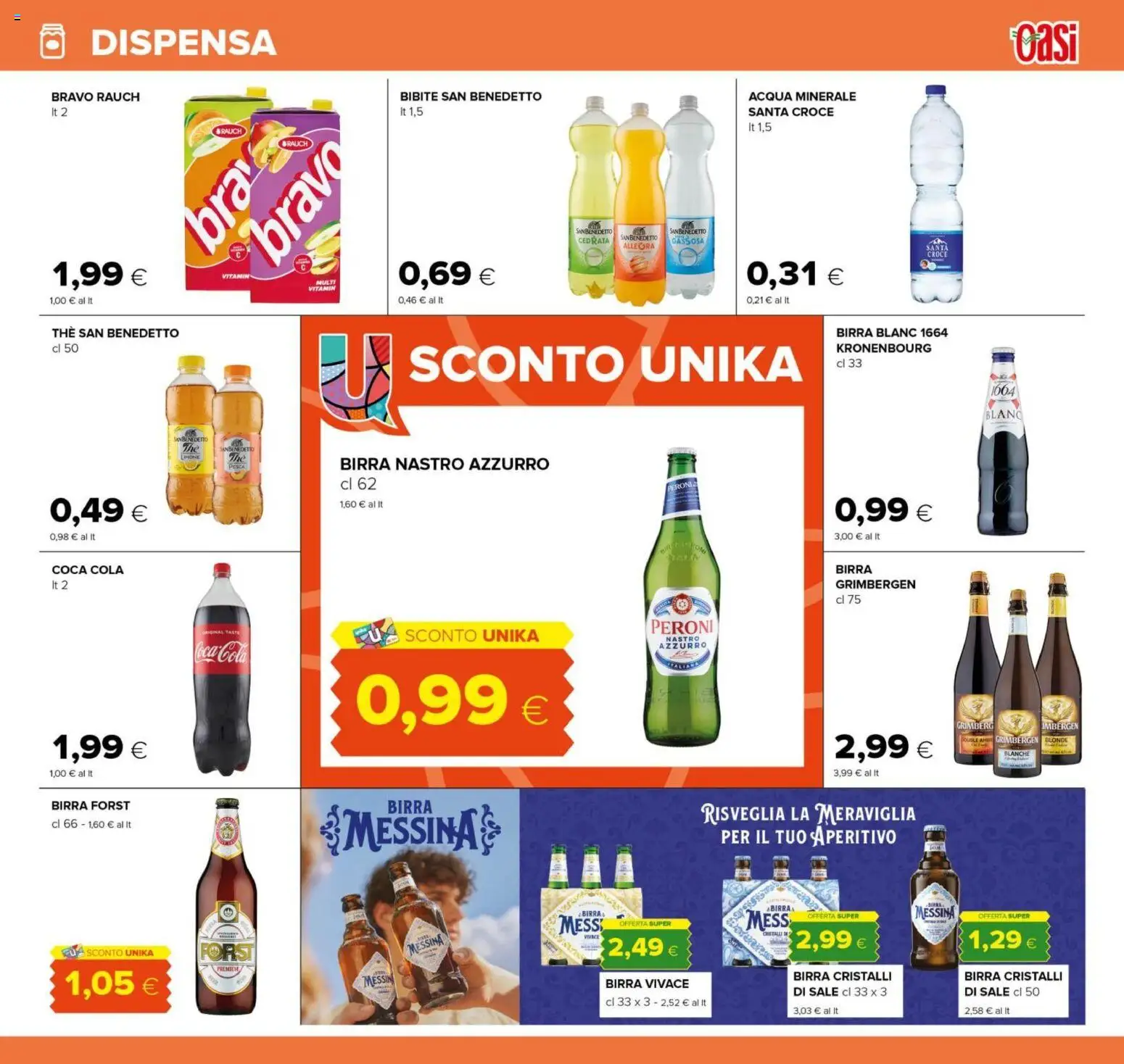 Volantino Oasi del 20.05.2026 | Pagina: 23 | Prodotti: Birra messina, Acqua minerale, Cedrata, Aperitivo