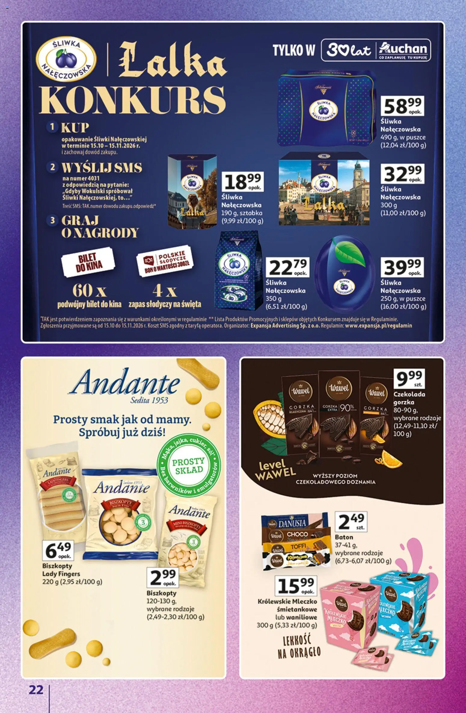 Auchan gazetka - Znane marki od 15.10.2026 | Strona: 22 | Produkty: Czekolada gorzka, Śliwki, Baton, Czekolada
