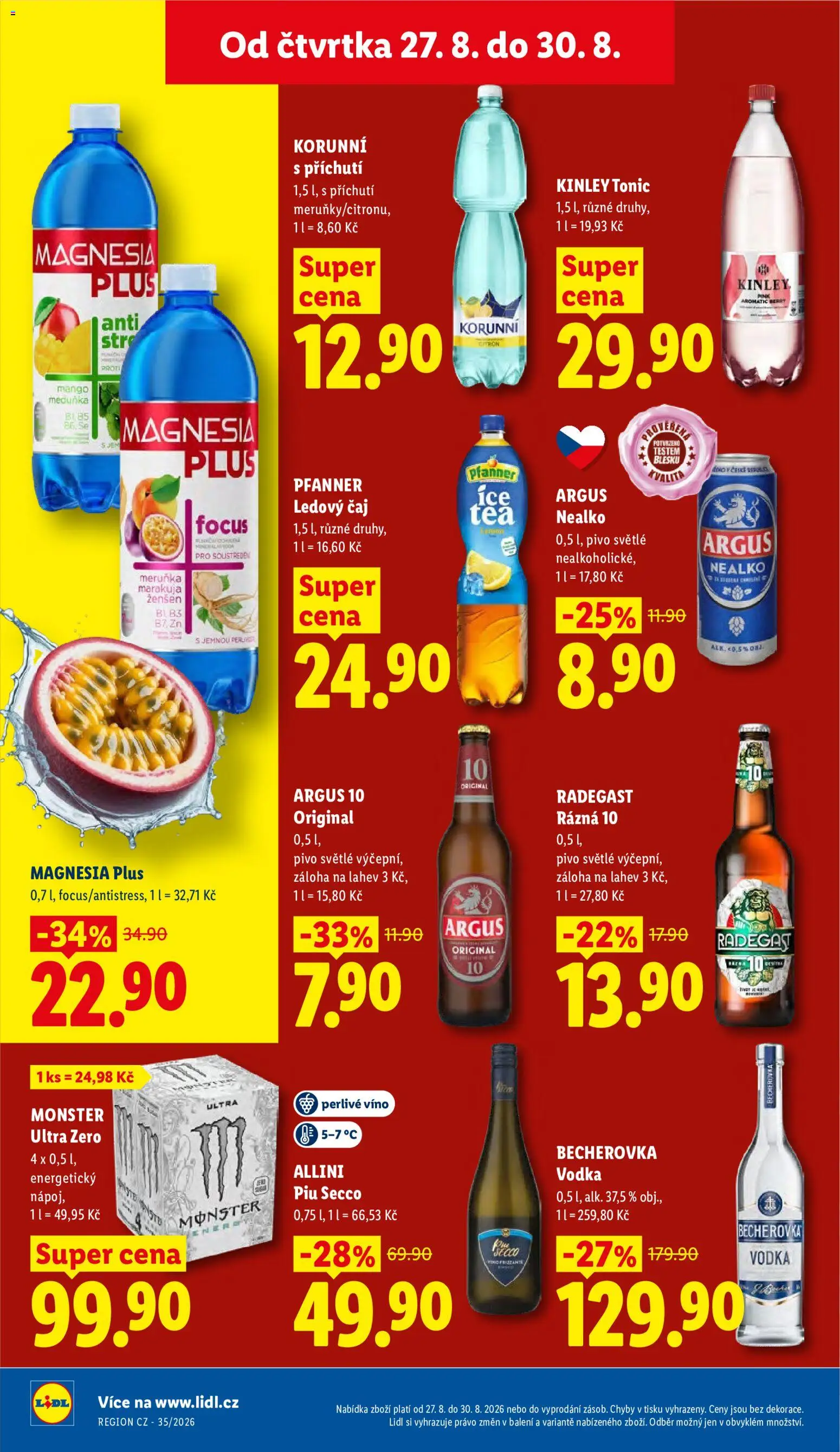 Lidl leták od 27.08.2026 | Strana: 30 | Produkty: Pivo, Tonic, Becherovka, Marakuja
