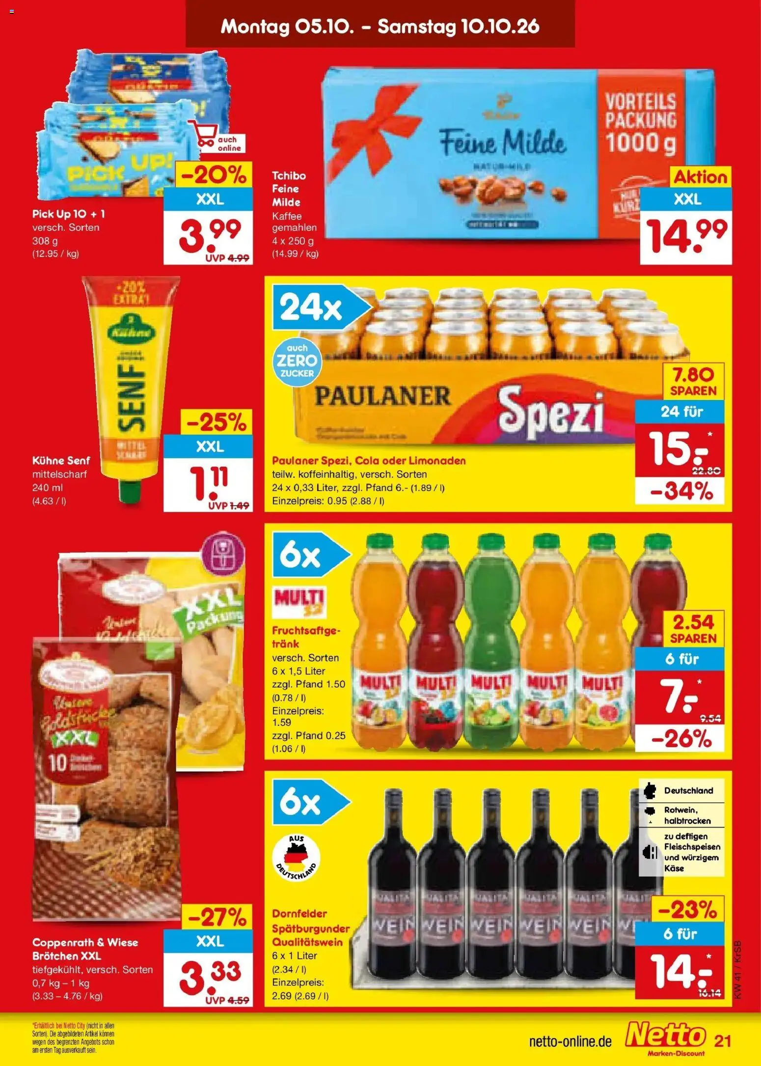Netto Marken-Discount Prospekt Baesweiler (ab 05.10.2026) » Angebote | Seite: 21 | Produkte: Cola, Käse, Kaffee, Paulaner