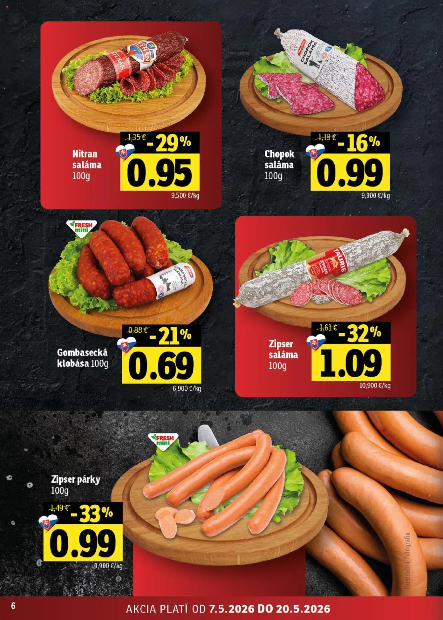 Nové Fresh akcie – leták je platný od 07.05.2026 | Strana: 6 | Produkty: Saláma, Klobása, Párky
