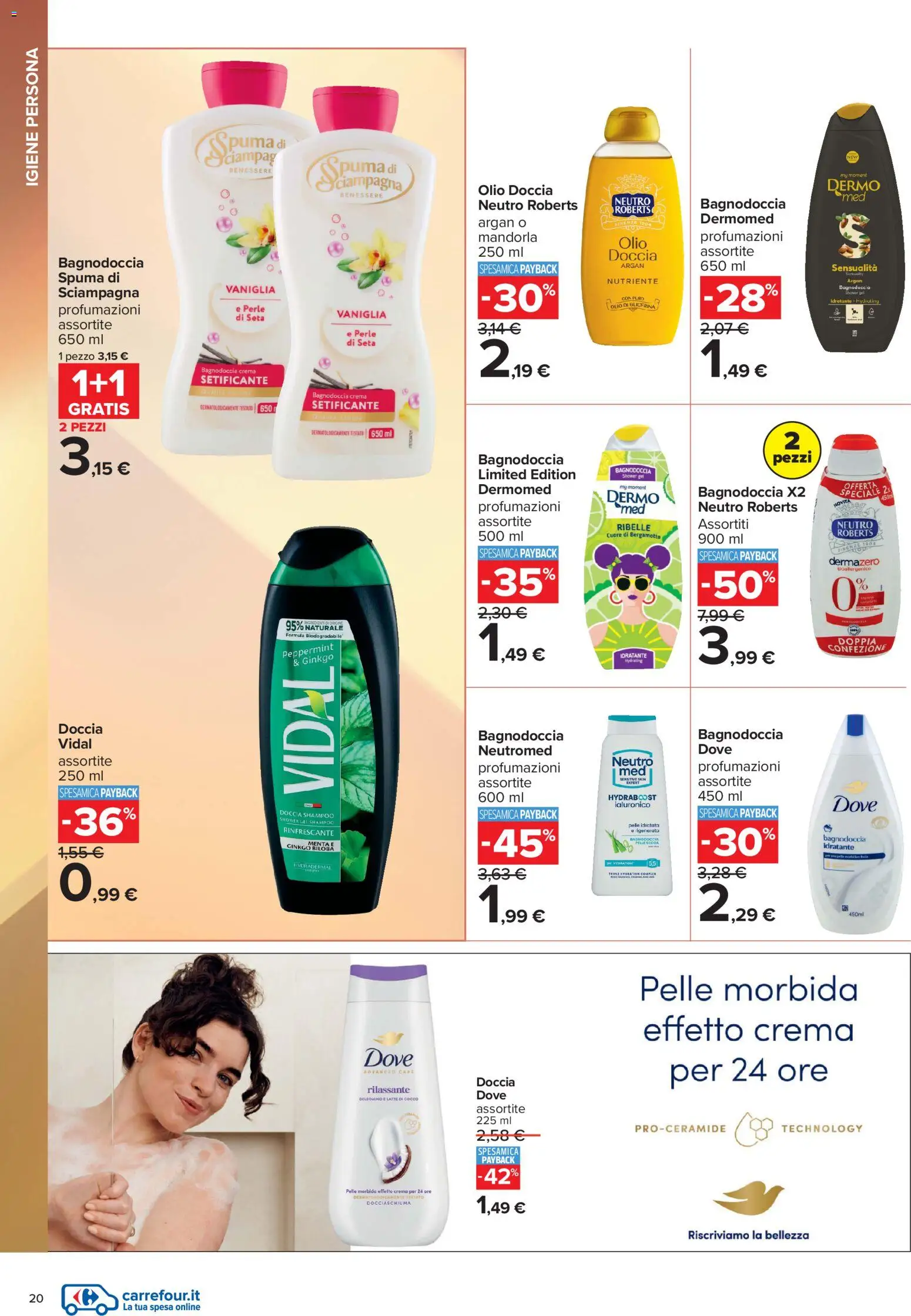 Volantino Carrefour del 10/07/2026 | Pagina: 20 | Prodotti: Shampoo, Latte, Menta, Doccia