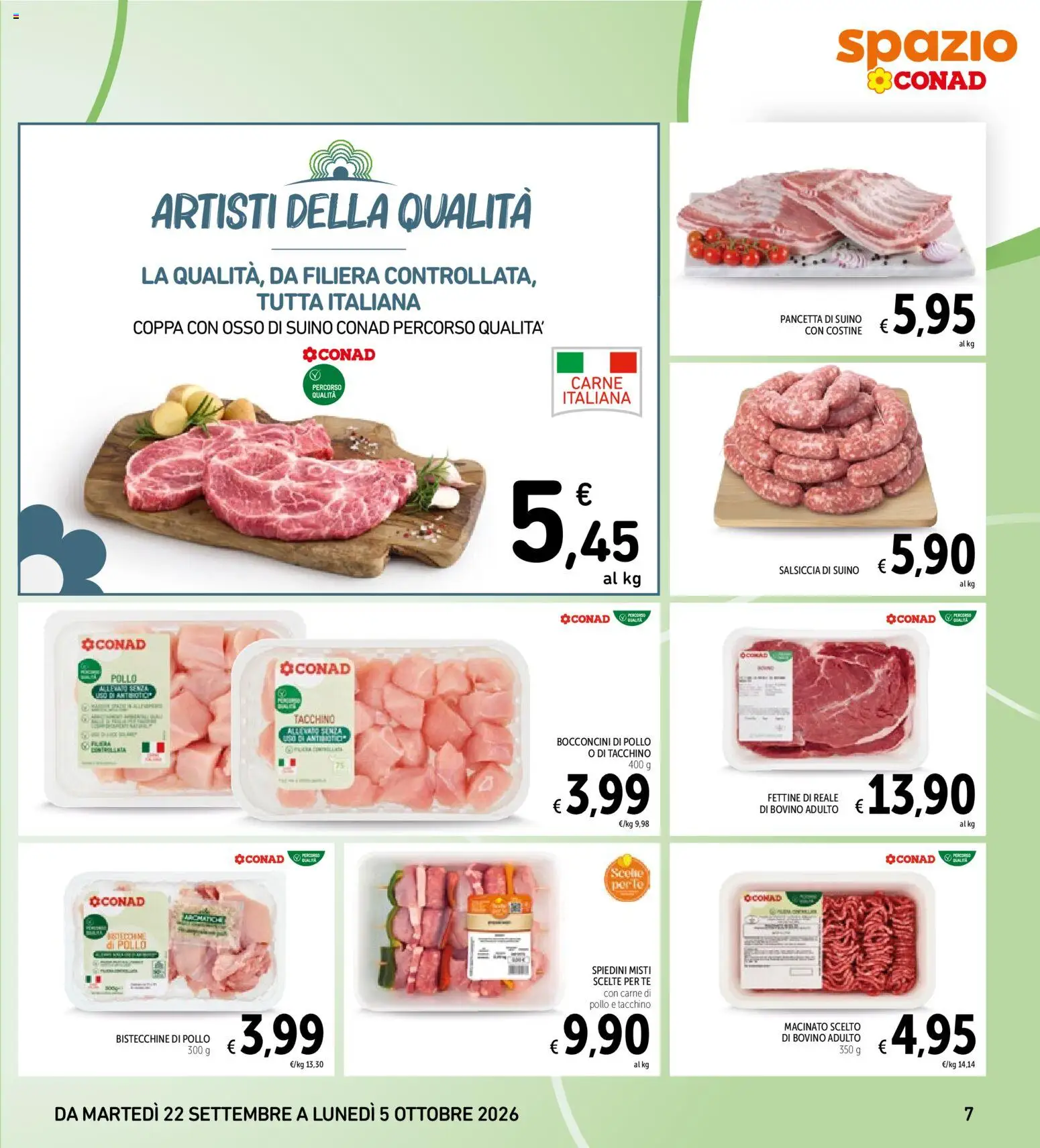 Volantino Spazio Conad del 22/09/2026 | Pagina: 7 | Prodotti: Bovino, Suino, Salsiccia, Spiedini