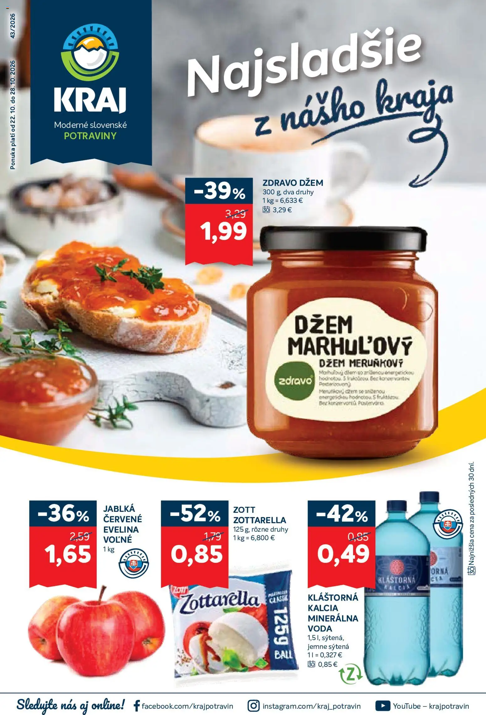 Nové Kraj akcie – leták je platný od 22.10.2026 | Strana: 1 | Produkty: Džem, Jablká, Voda, Minerálna voda