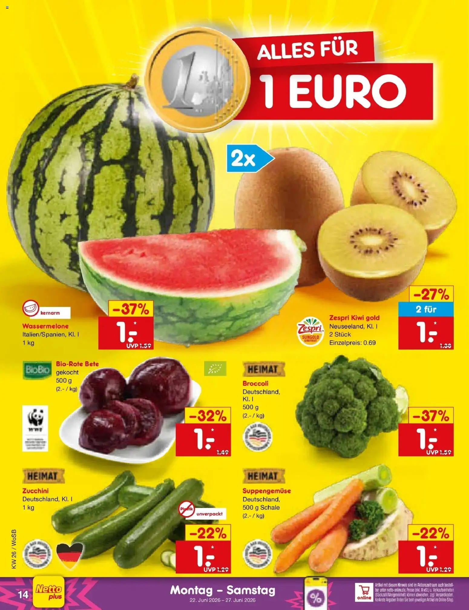 Netto Marken-Discount Prospekt Mannheim – gültig ab 22.06.2026 | Seite: 18 | Produkte: Wassermelone, Zucchini, Kiwi