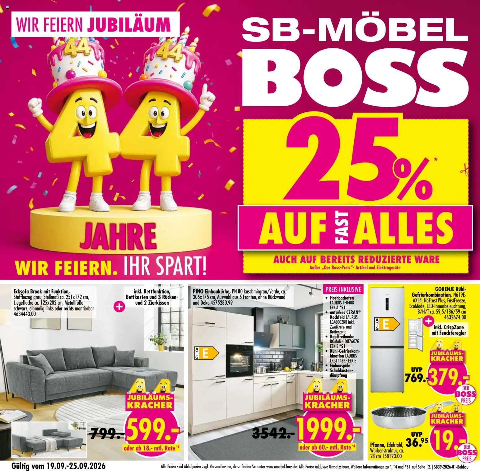 SB Möbel Boss Prospekt Bobbau – gültig ab 19.09.2026 | Seite: 1 | Produkte: Gorenje, Ecksofa, Kochfeld