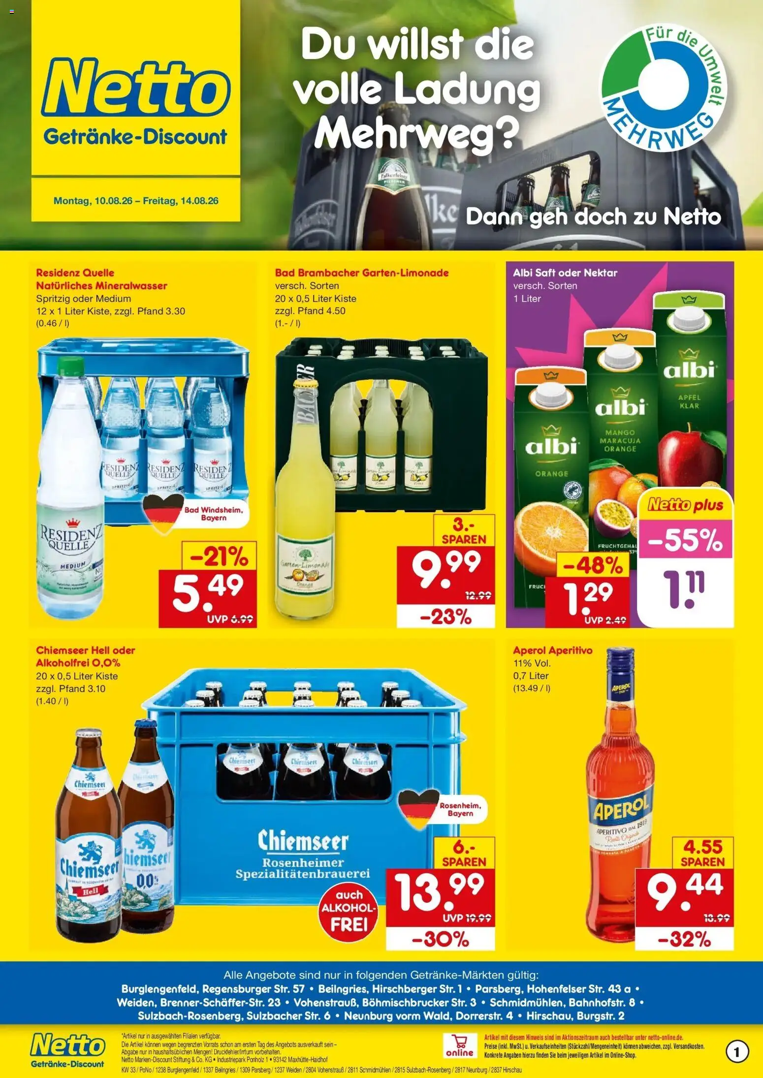 Netto Marken-Discount Prospekt Hirschau – gültig ab 10.08.2026 | Seite: 1 | Produkte: Bad, Alkohol, Aperol, Saft