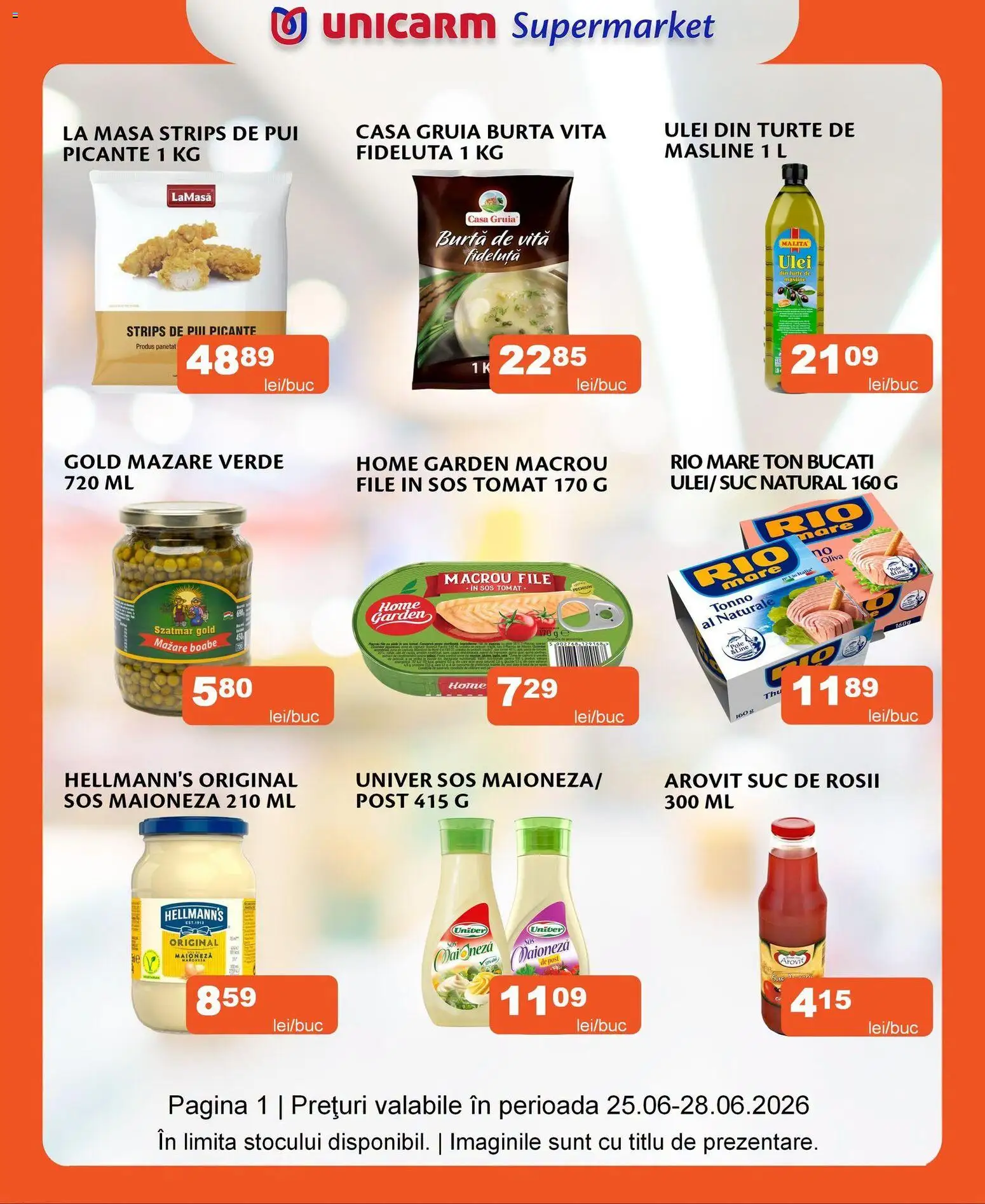 Noul catalog Unicarm – valabil de la 25.06.2026 | Pagină: 1 | Produse: Mazăre, Hacıyatmaz Kedi Oyuncağı, Măsline, Suc