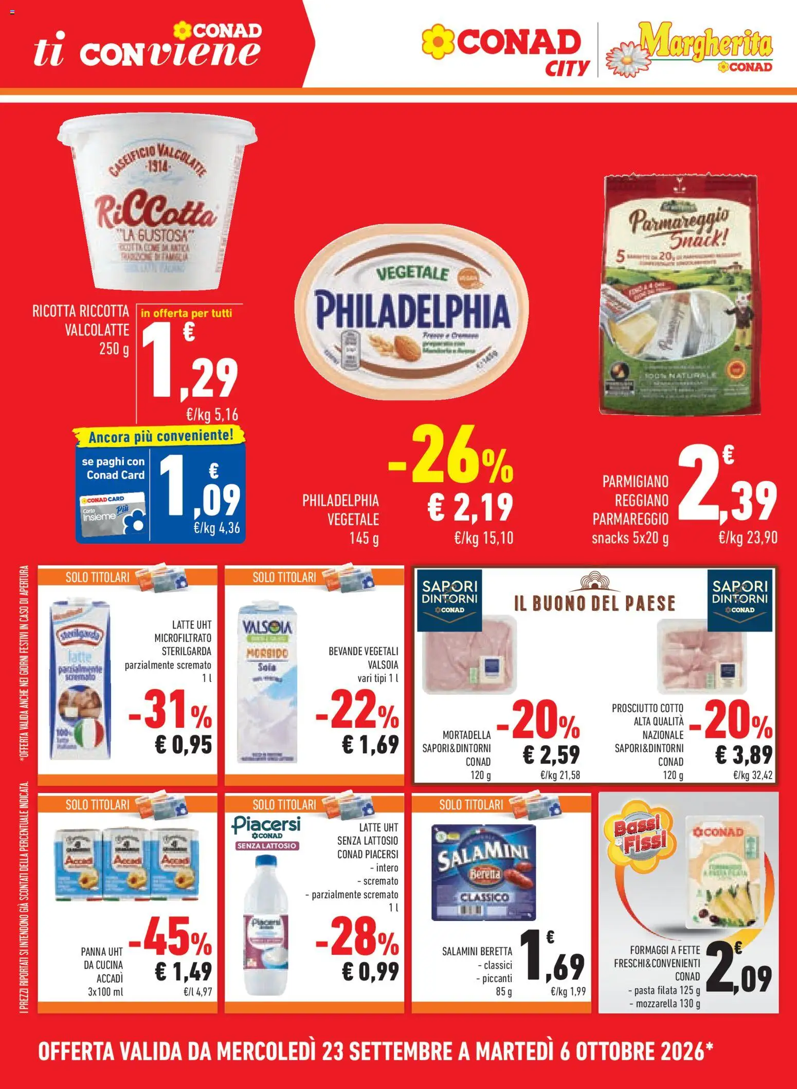 Volantino Conad del 23/09/2026 | Pagina: 10 | Prodotti: Panna, Mozzarella, Pasta, Parmigiano reggiano